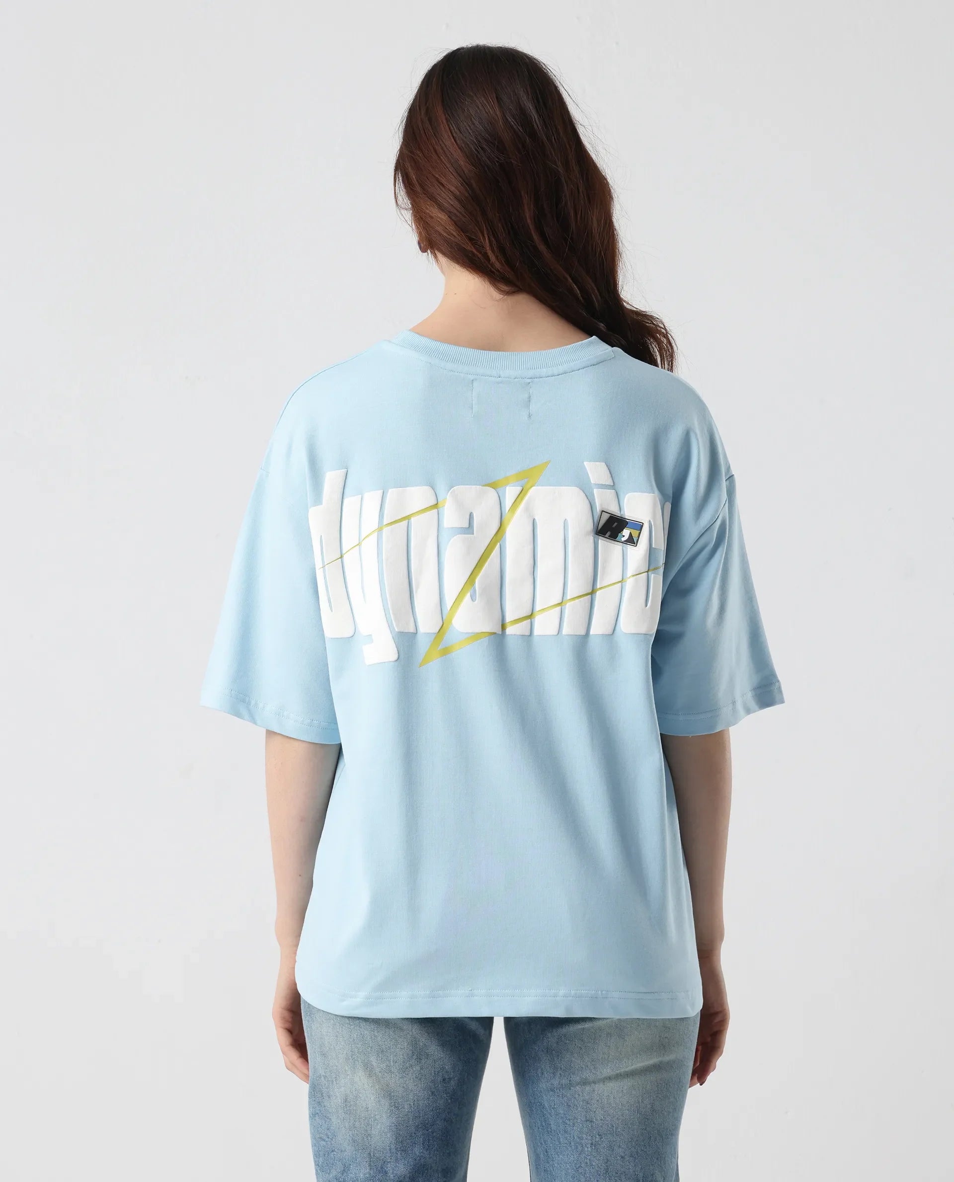 Rareism Women's Liche Blue Cotton Graphic Print Oversized T-Shirt