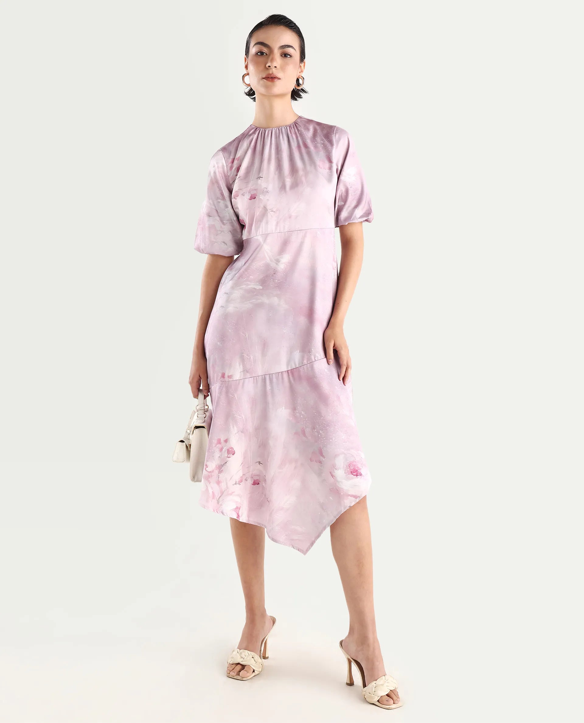 Rareism Women's Limoges Dusky Pink Satin Round Neck Floral Print Balloon Sleeve Midi Fit And Flare Dress