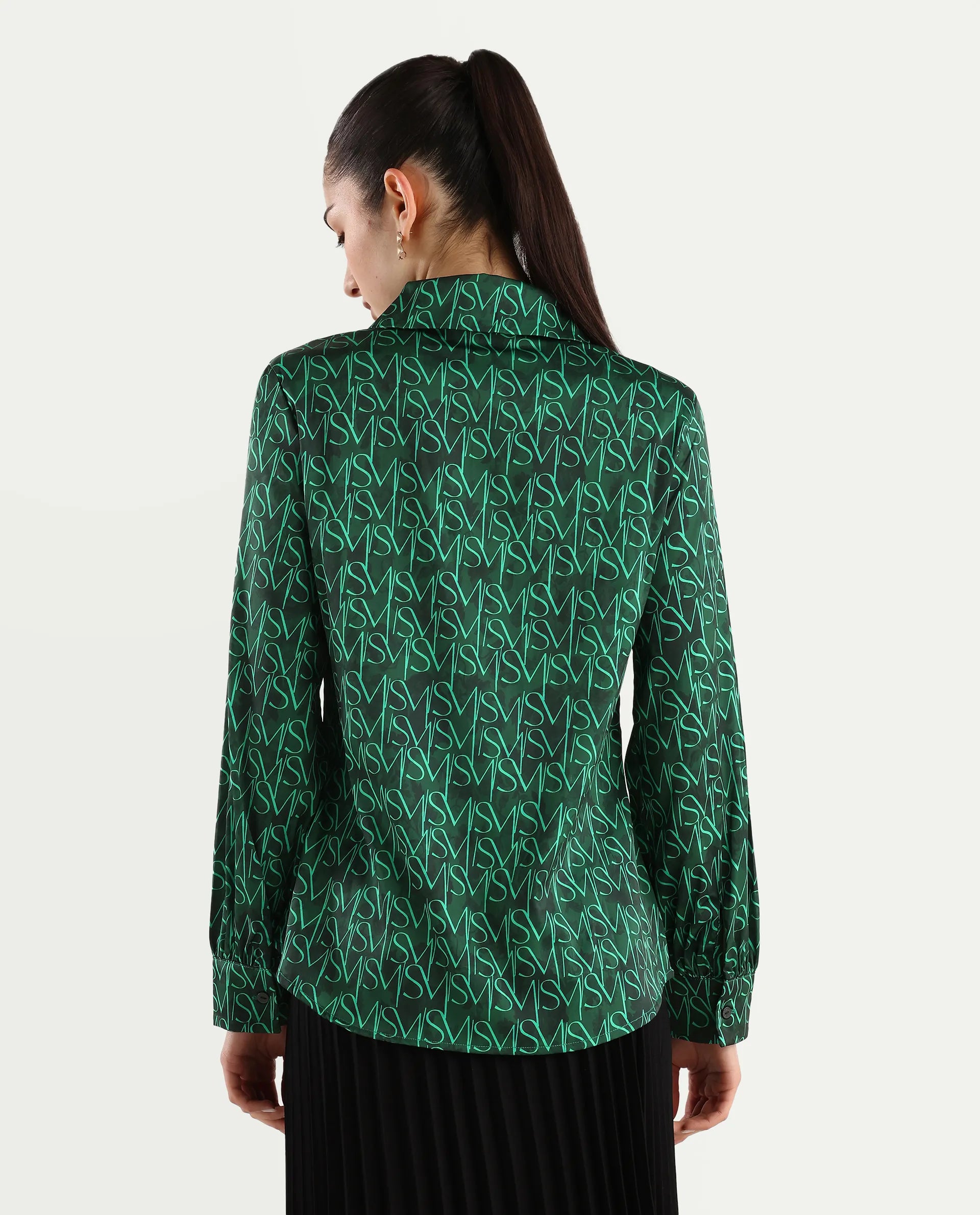 Rareism Women's Lindsay Dark Green Polyester Drop Collar Monogram Print Cuffed Sleeve Regular Fit Top