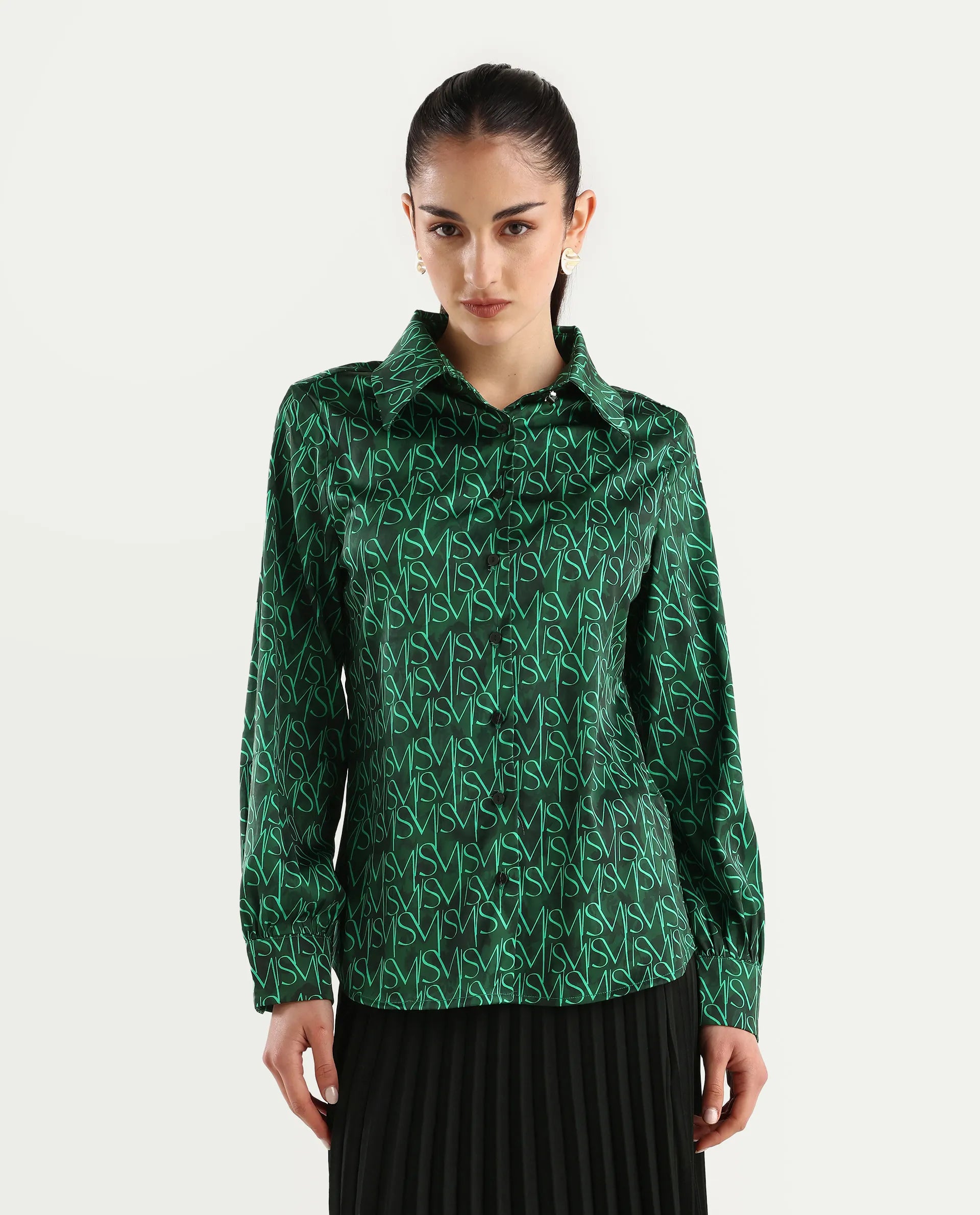 Rareism Women's Lindsay Dark Green Polyester Drop Collar Monogram Print Cuffed Sleeve Regular Fit Top
