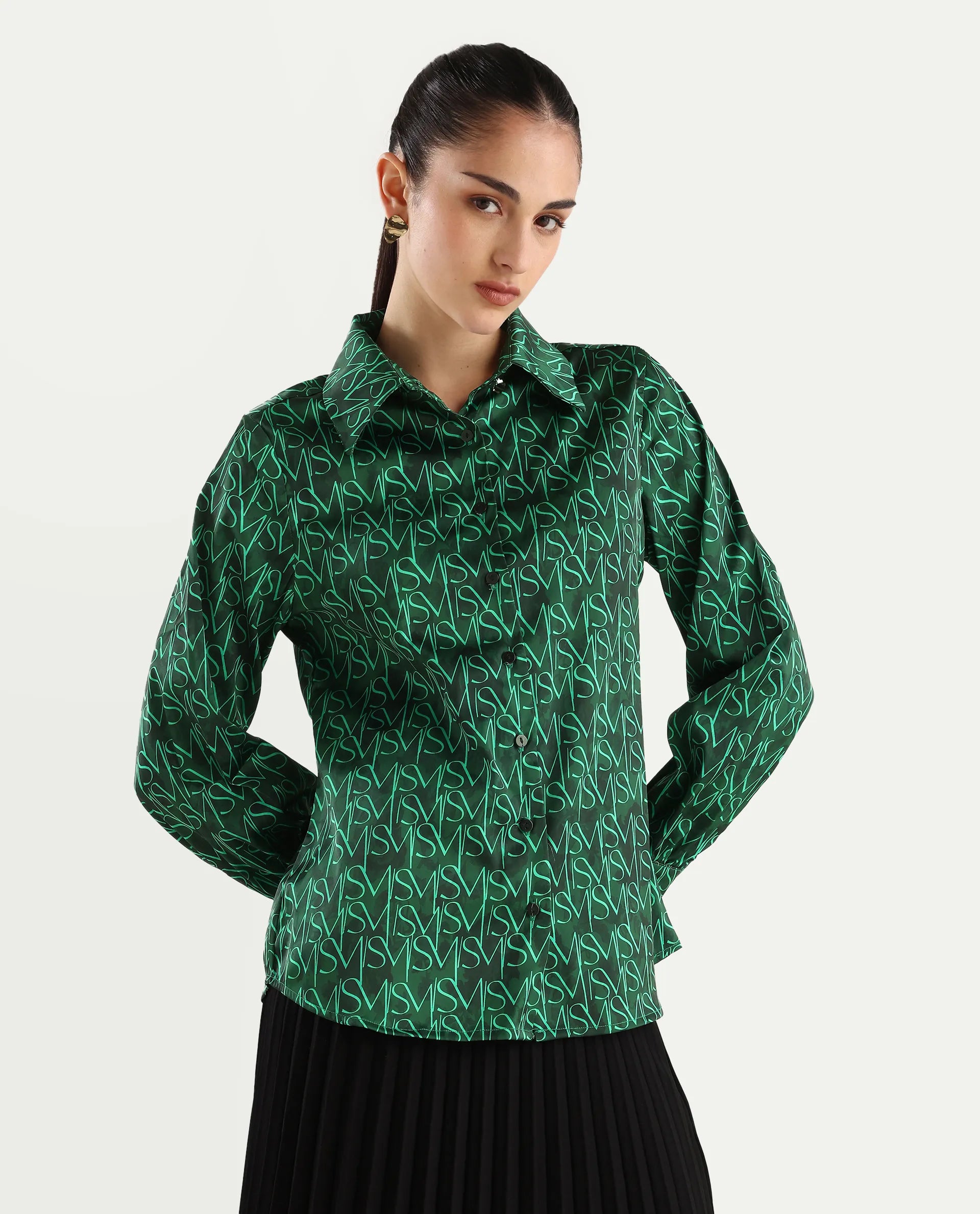 Rareism Women's Lindsay Dark Green Polyester Drop Collar Monogram Print Cuffed Sleeve Regular Fit Top