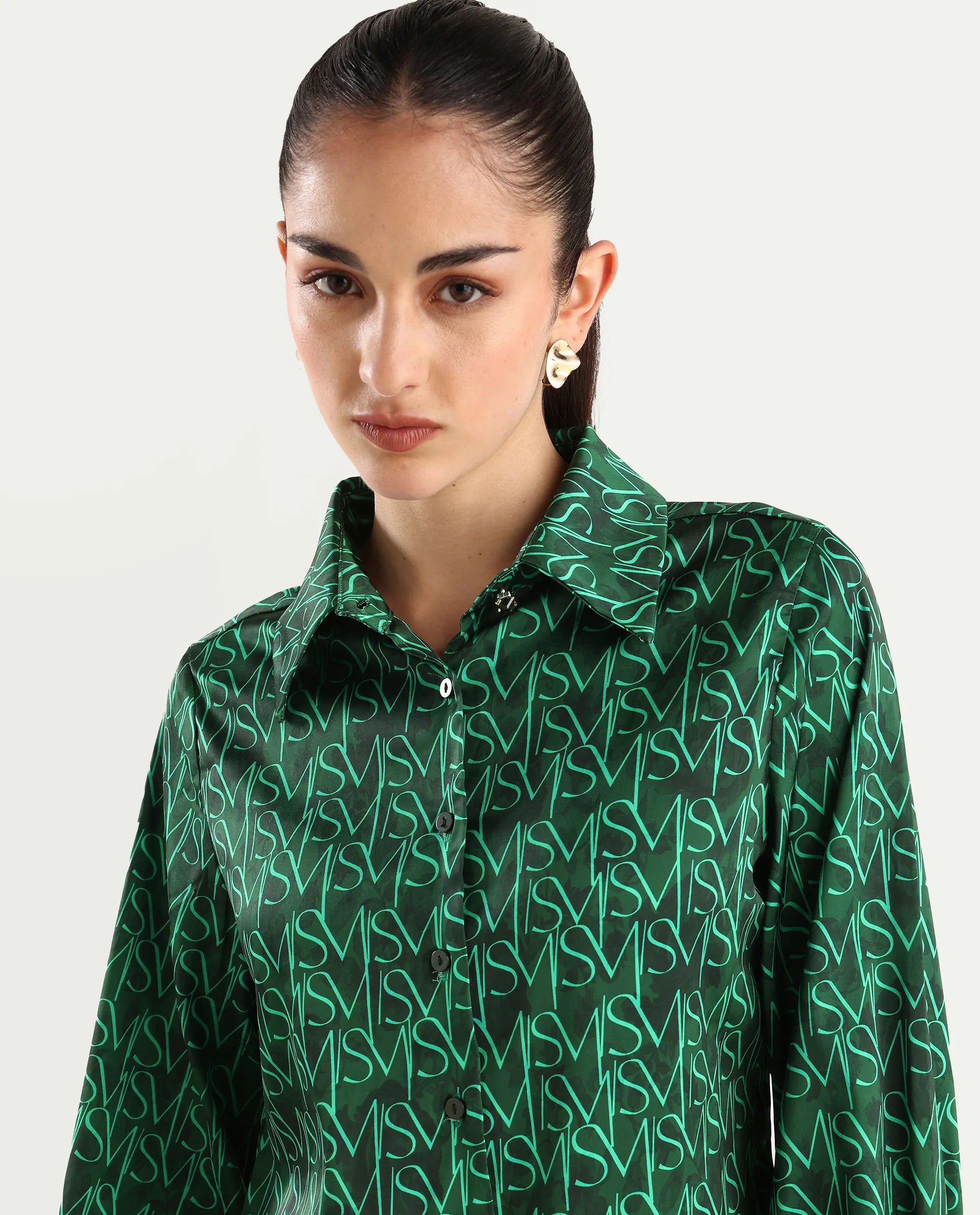 Rareism Women's Lindsay Dark Green Polyester Drop Collar Monogram Print Cuffed Sleeve Regular Fit Top