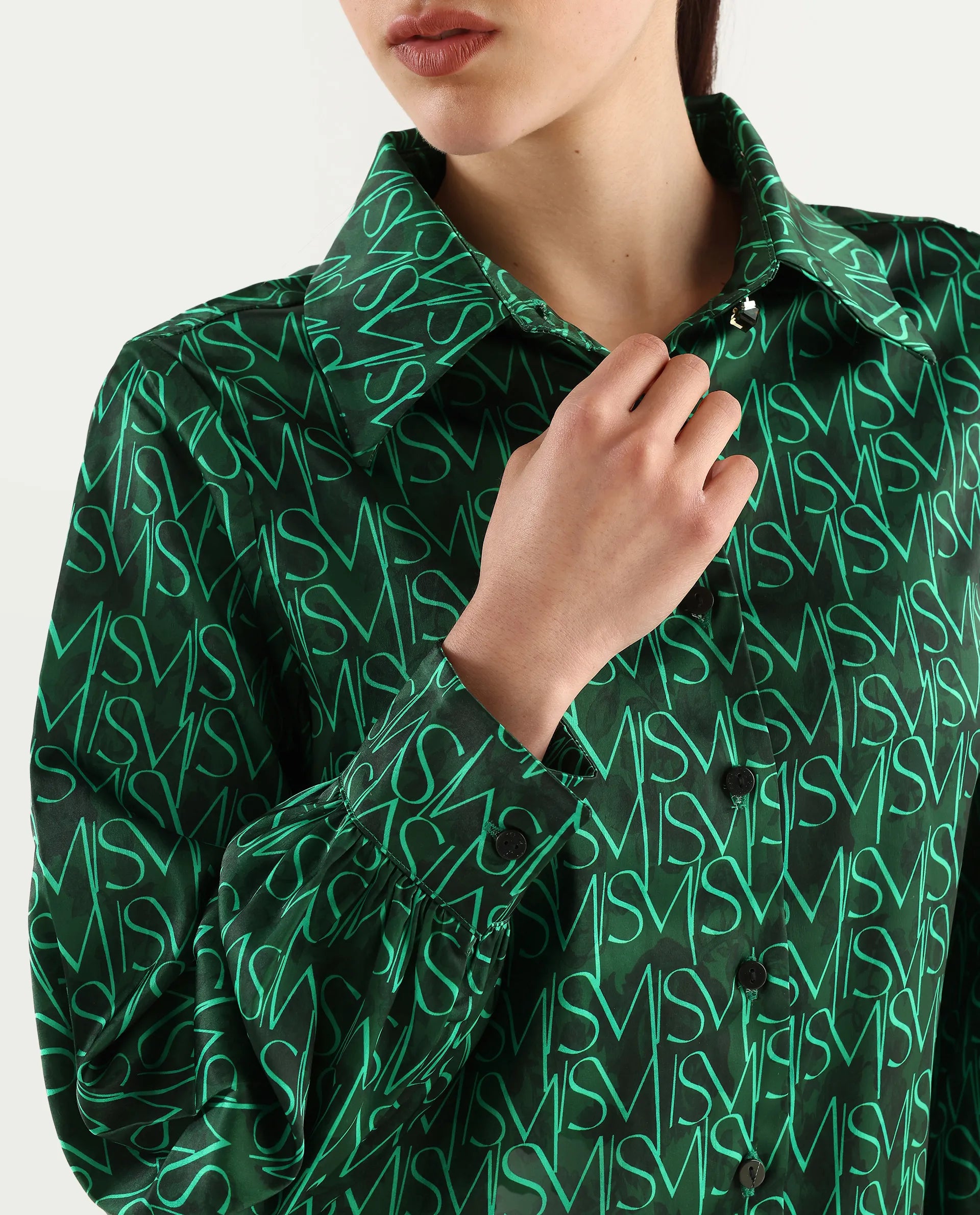 Rareism Women's Lindsay Dark Green Polyester Drop Collar Monogram Print Cuffed Sleeve Regular Fit Top