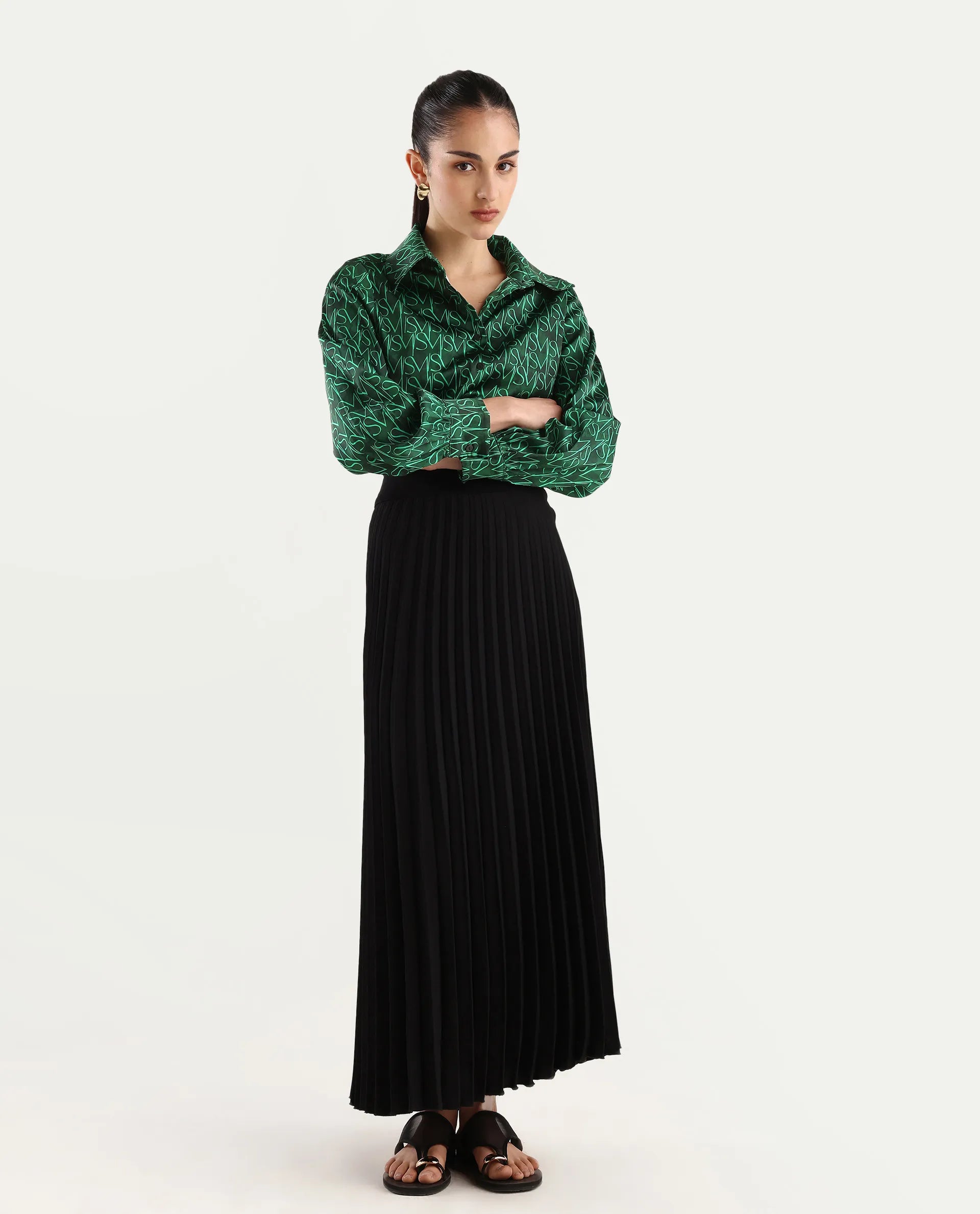 Rareism Women's Lindsay Dark Green Polyester Drop Collar Monogram Print Cuffed Sleeve Regular Fit Top