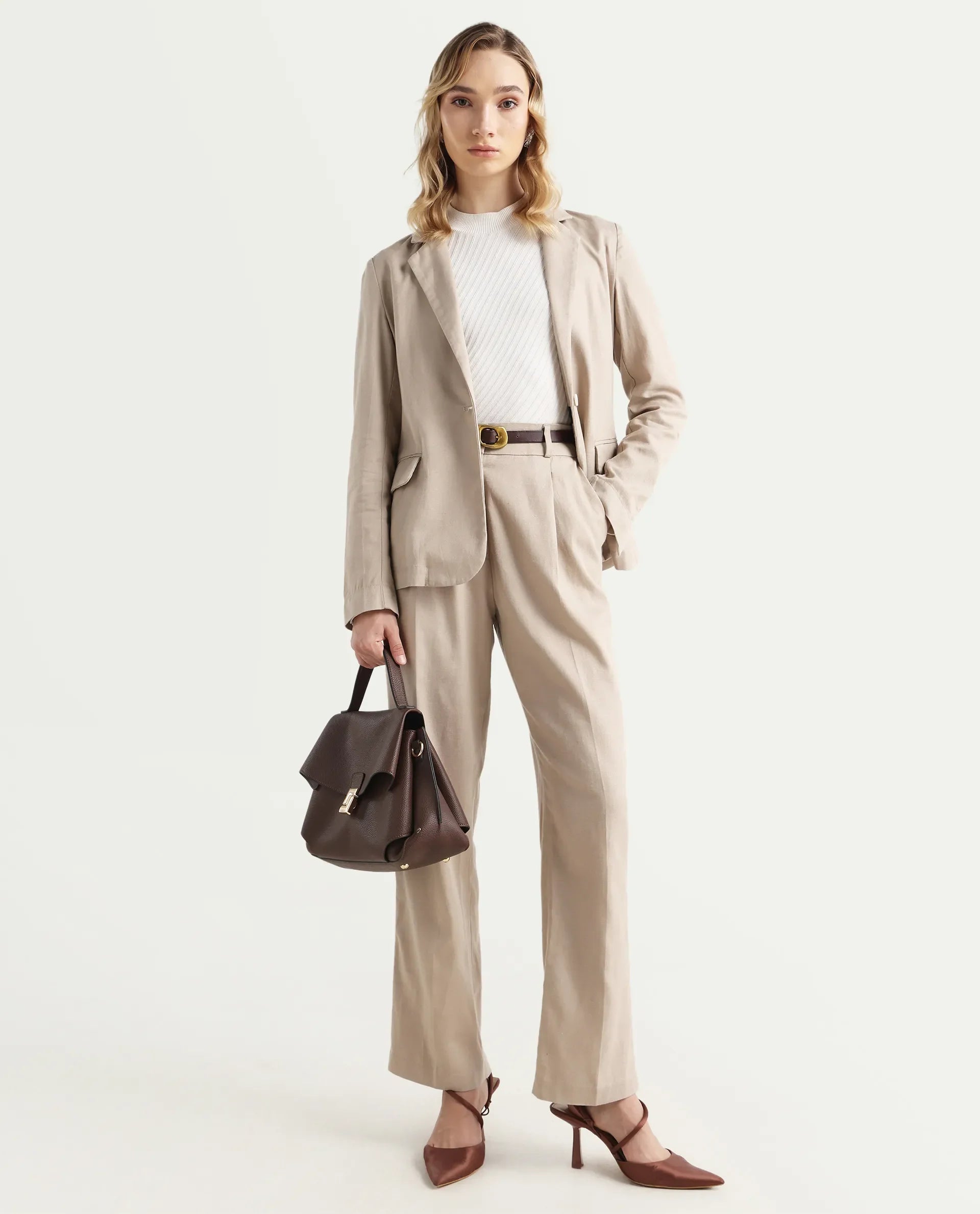 Rareism Women's Linzy-B Beige 100% Linen Straight Plain Trouser