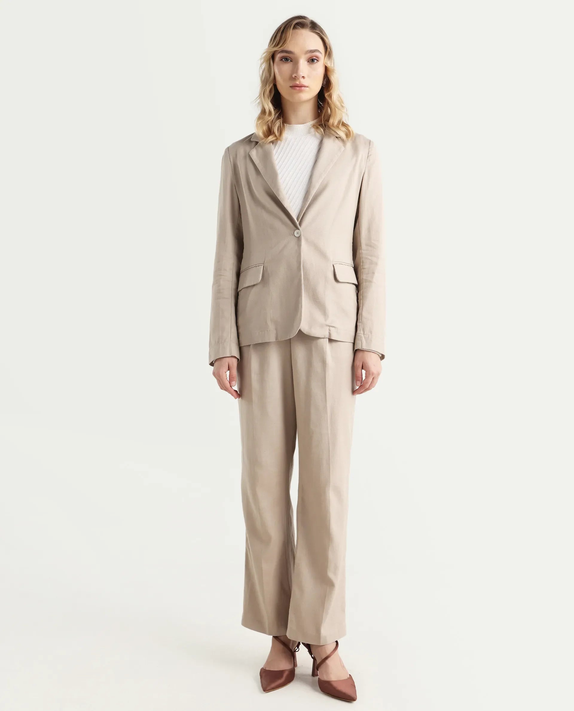 Rareism Women's Linzy-B Beige 100% Linen Straight Plain Trouser