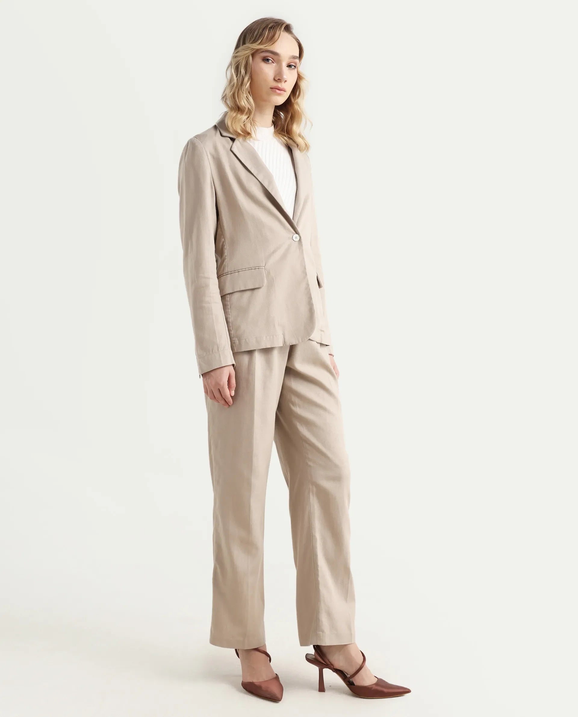 Rareism Women's Linzy-B Beige 100% Linen Straight Plain Trouser