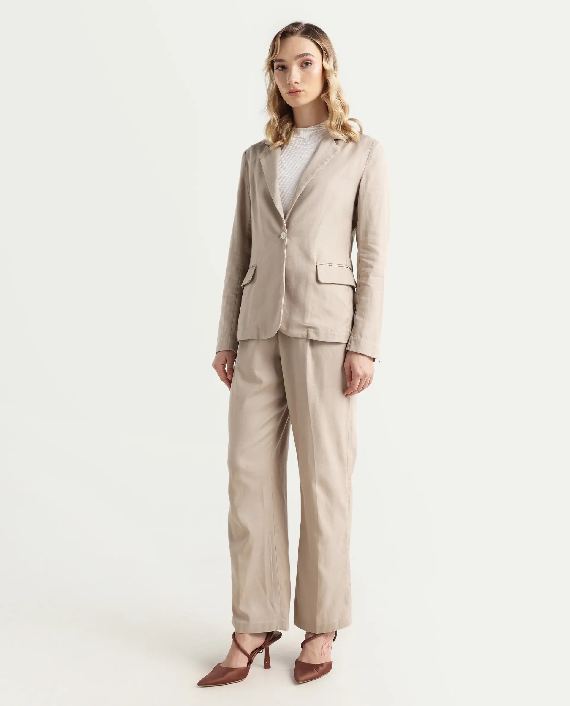 Rareism Women's Linzy-B Beige 100% Linen Straight Plain Trouser