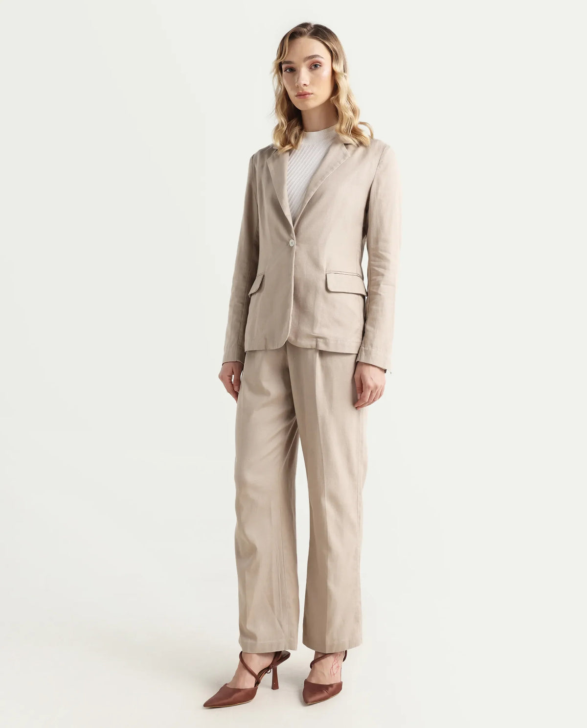 Rareism Women's Linzy-B Beige 100% Linen Straight Plain Trouser