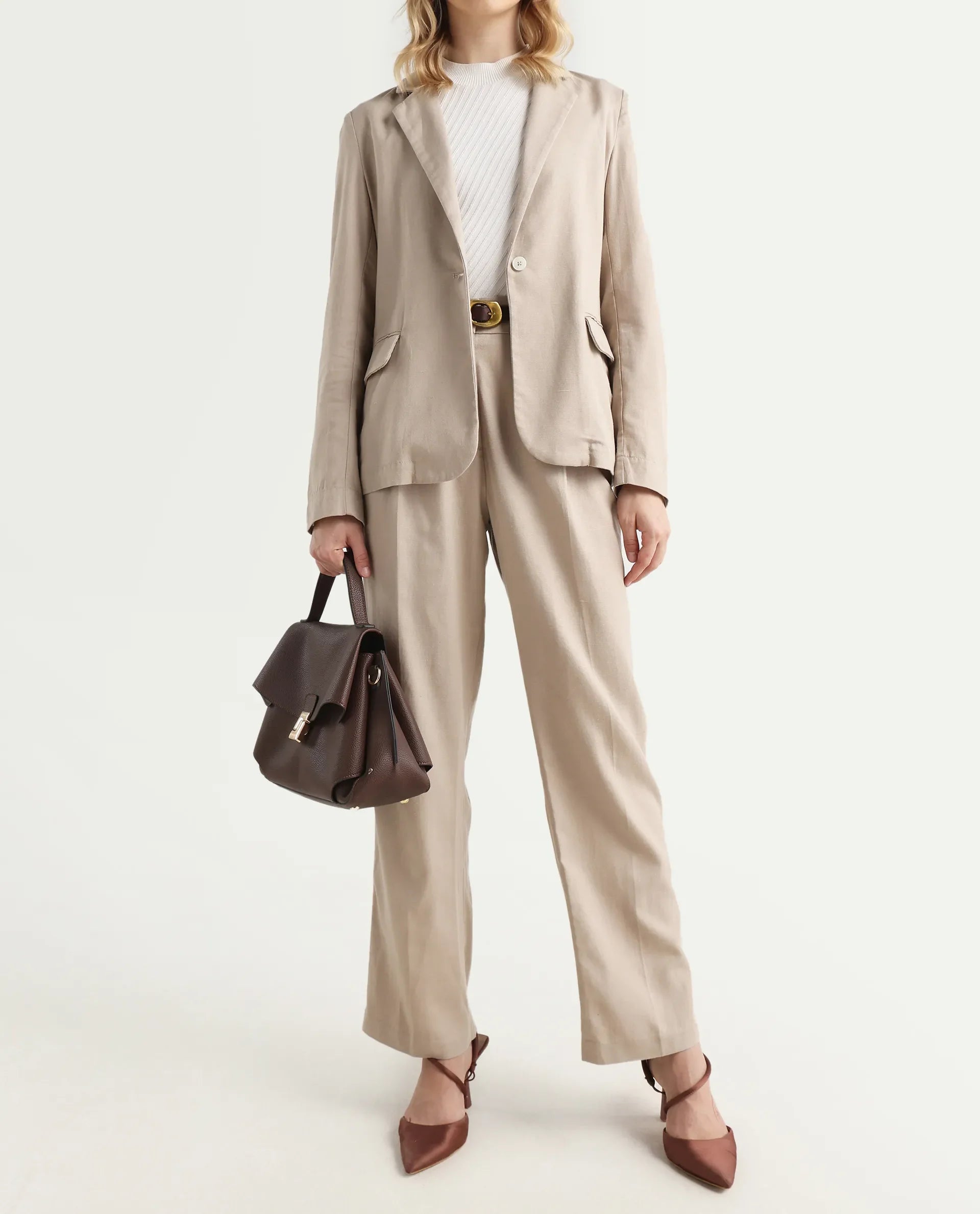 Rareism Women's Linzy-B Beige 100% Linen Straight Plain Trouser