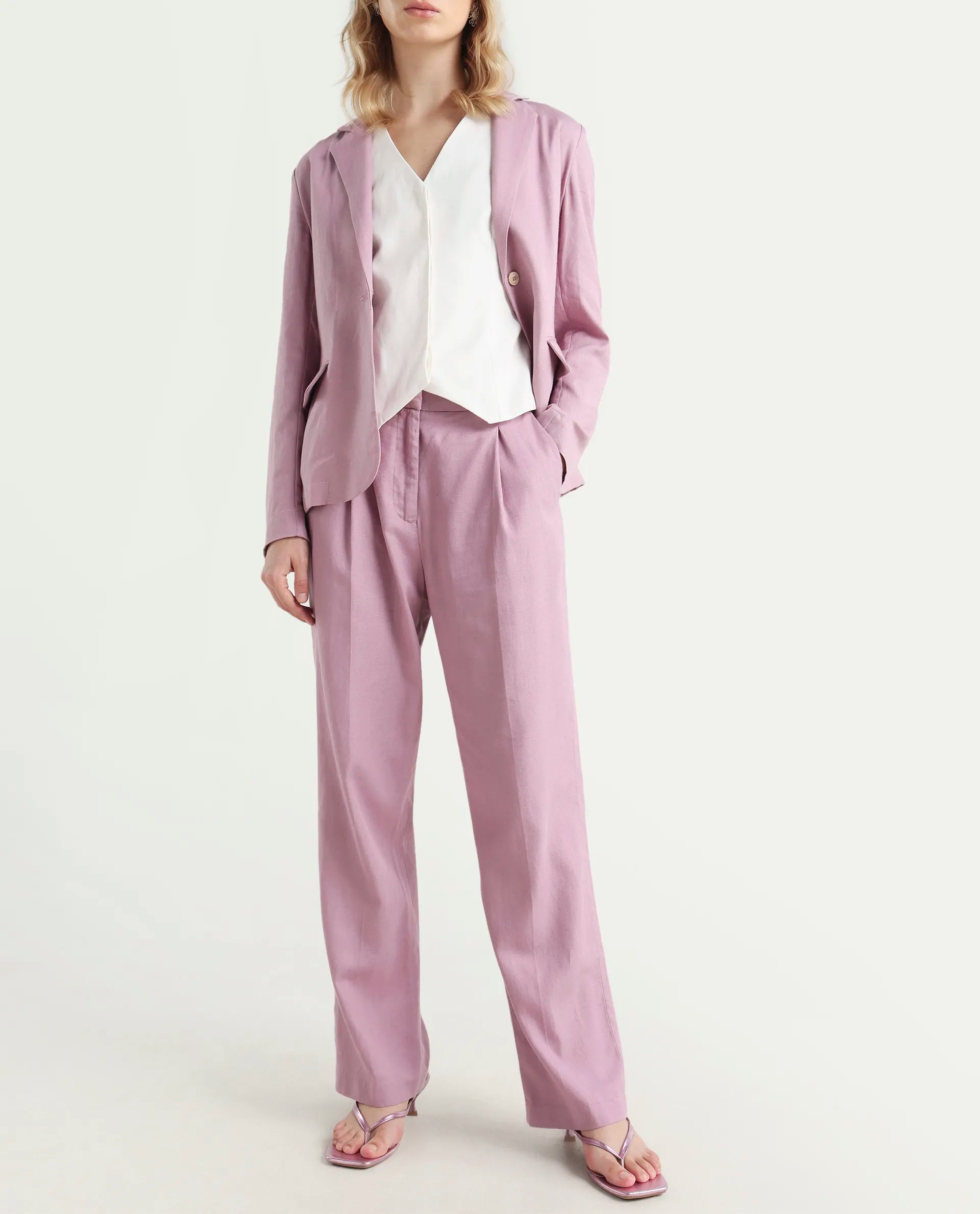 Rareism Women's Linzy-B Dusky Pink 100% Linen Straight Plain Trouser