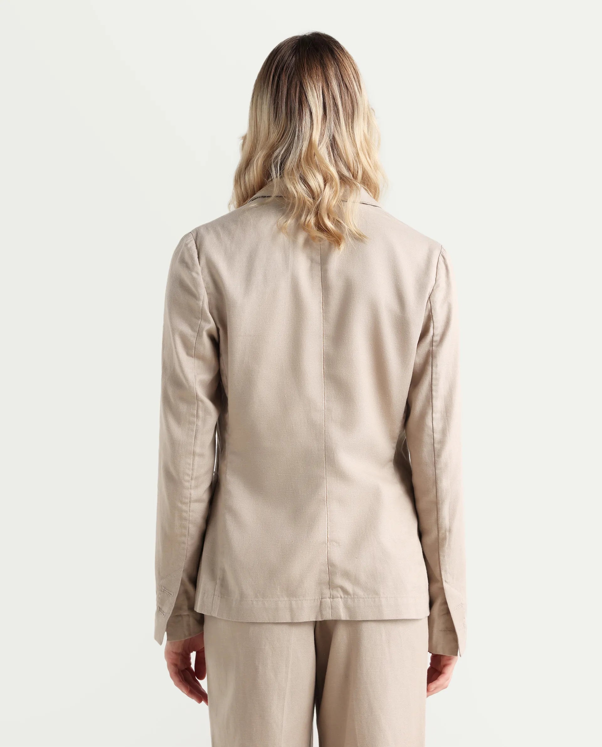 Rareism Women's Linzy-T Beige 100% Linen Full Sleeve Lapel Neck Regular Plain Blazer