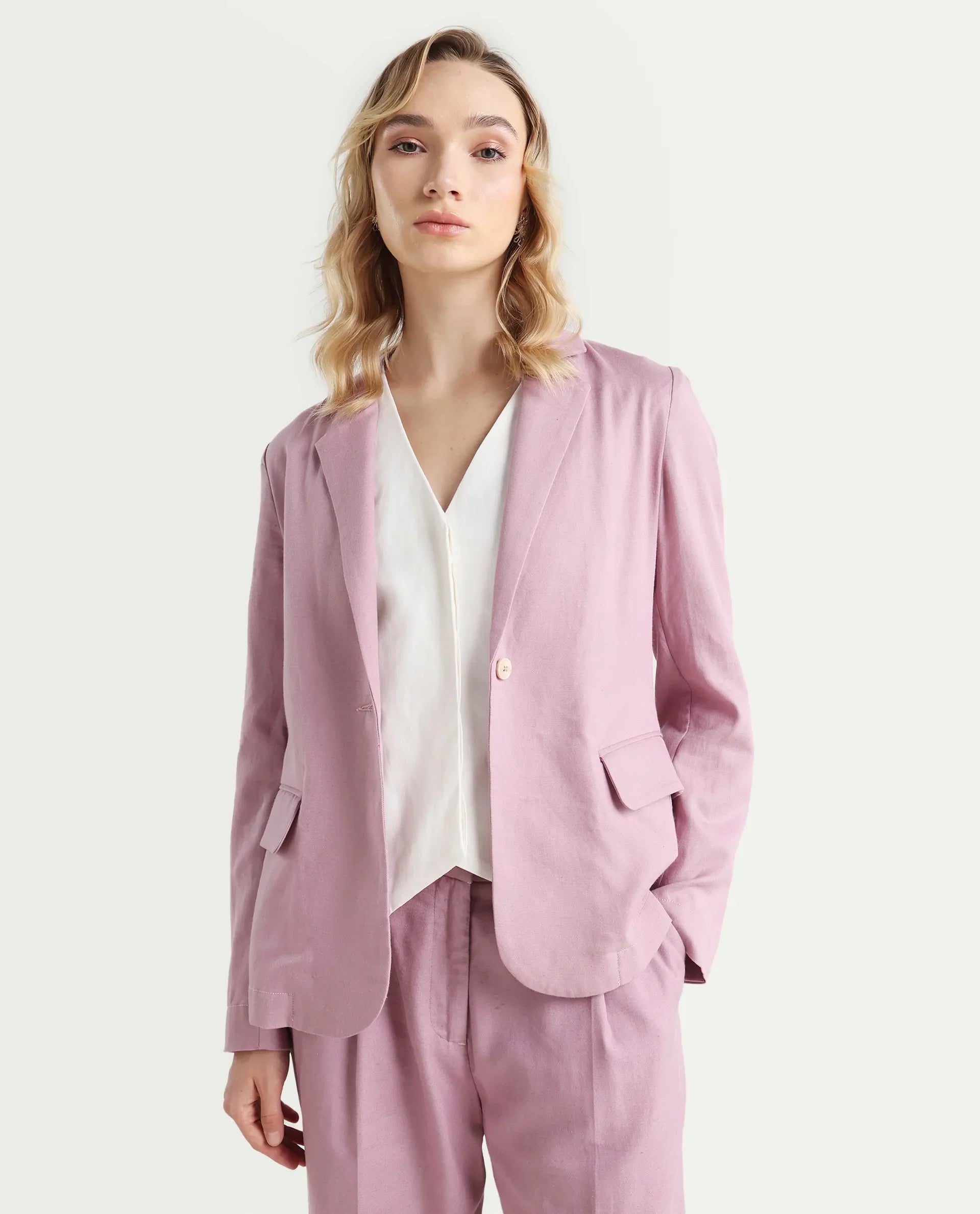Rareism Women's Linzy-T Dusky Pink 100% Linen Full Sleeve Lapel Neck Regular Plain Blazer