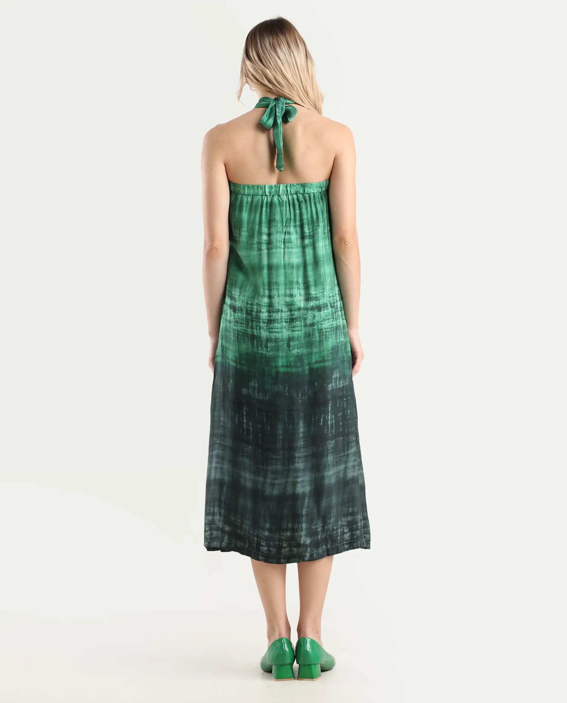 Rareism Women's Lipos Green Halter Neck Color Block Sleeveless Midi Regular Fit Dress