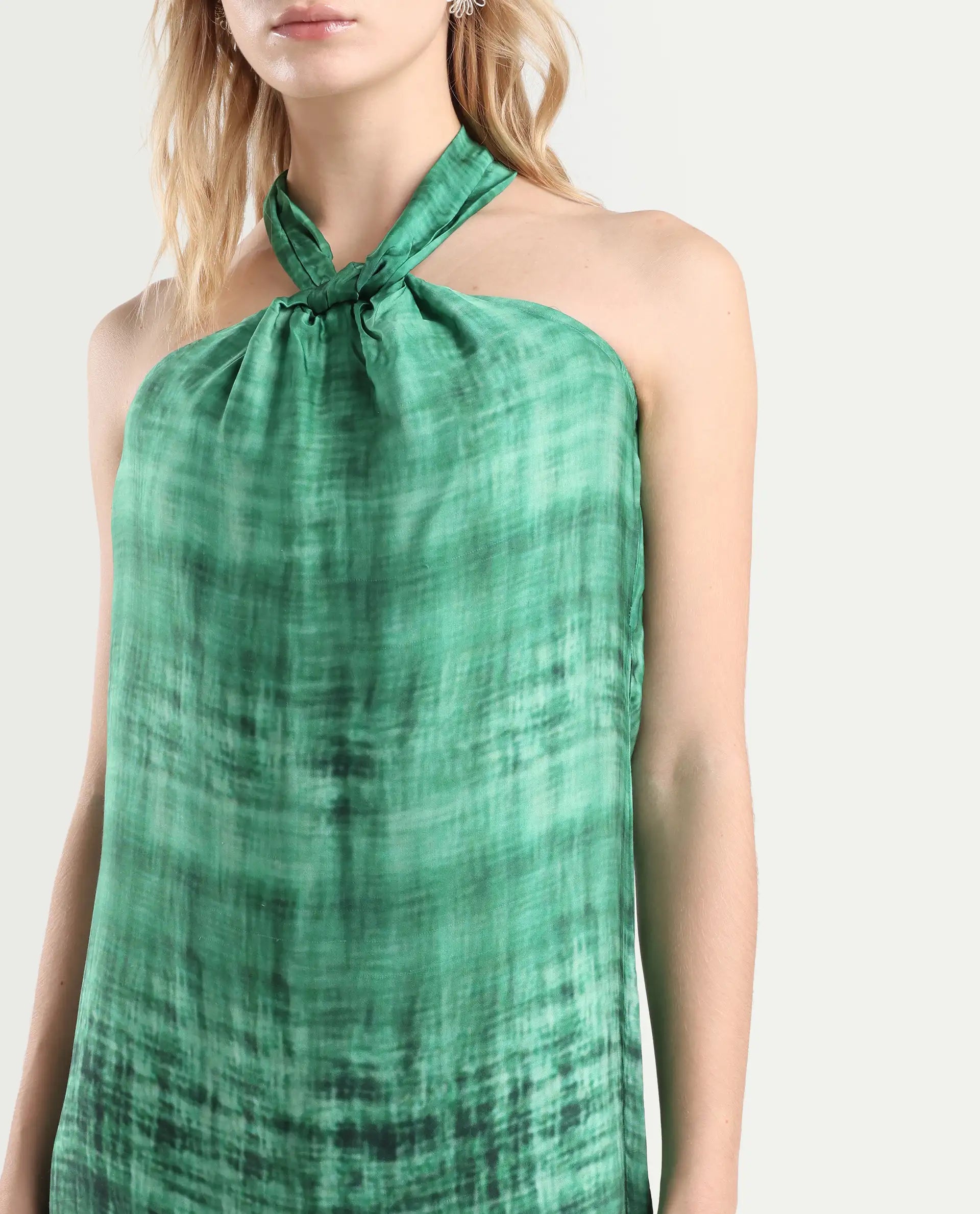 Rareism Women's Lipos Green Halter Neck Color Block Sleeveless Midi Regular Fit Dress