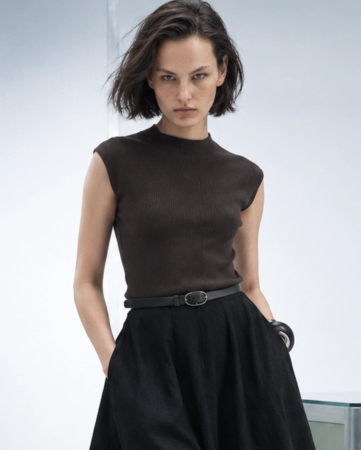 Rareism Women's Livon Dark Brown Viscose Blend Pull-On Regular Fit Plain Top