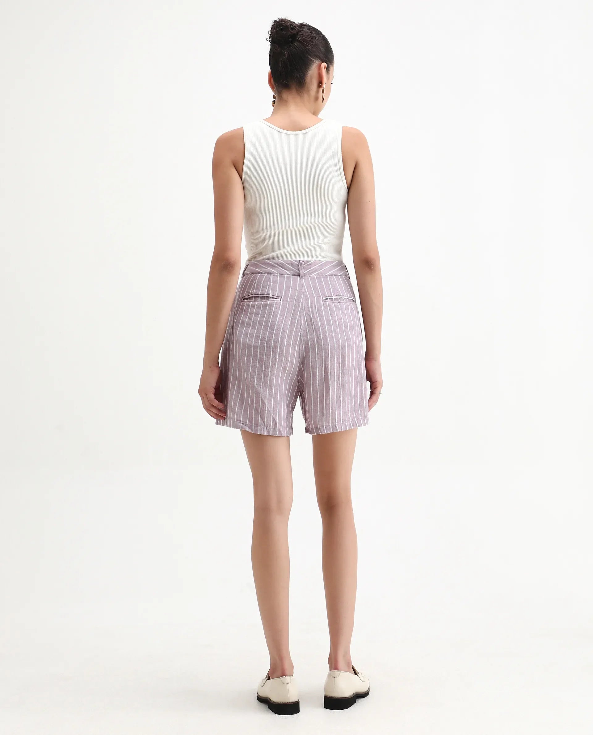Rareism Women's Liya Purple Linen Striped Regular Fit Shorts