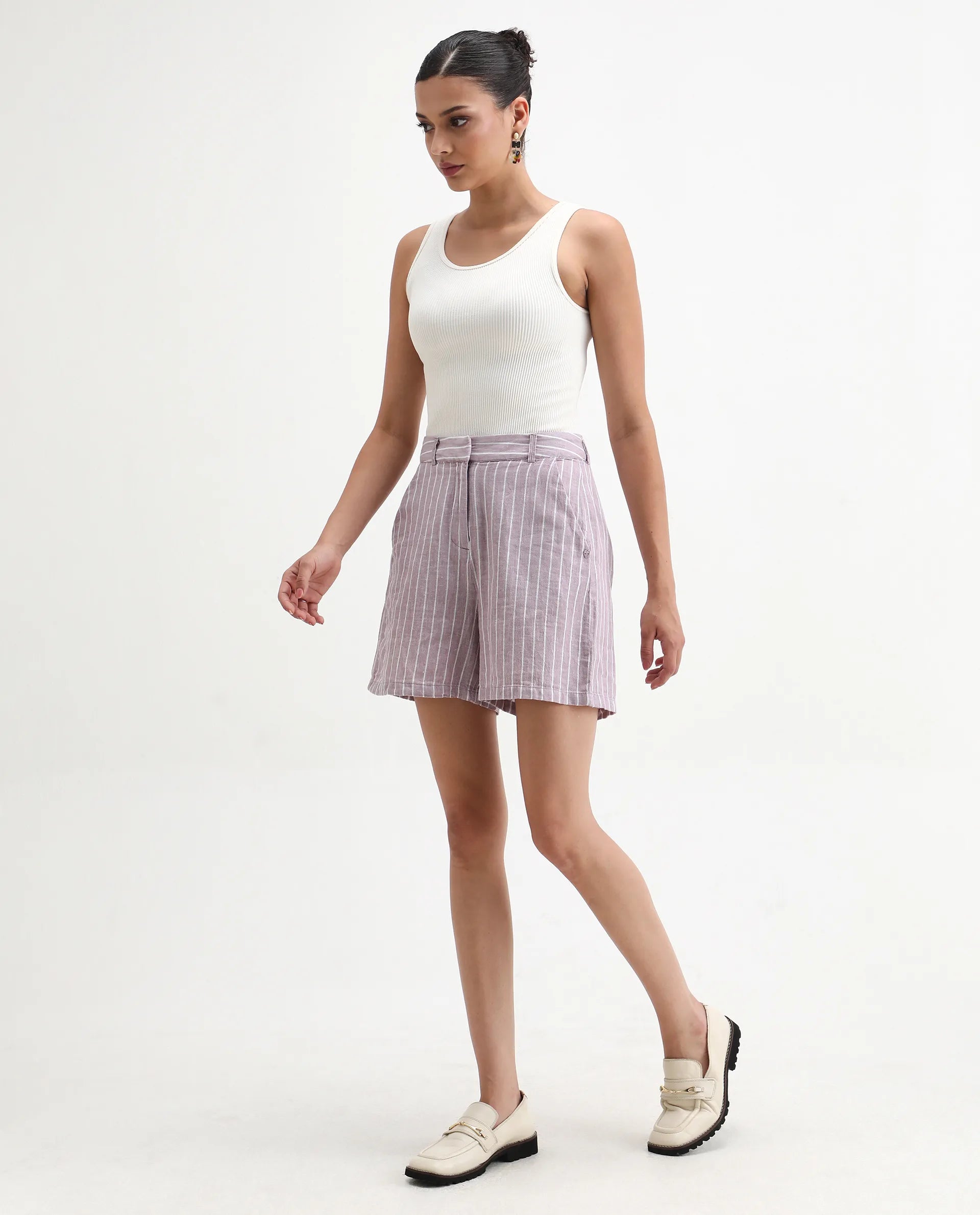 Rareism Women's Liya Purple Linen Striped Regular Fit Shorts