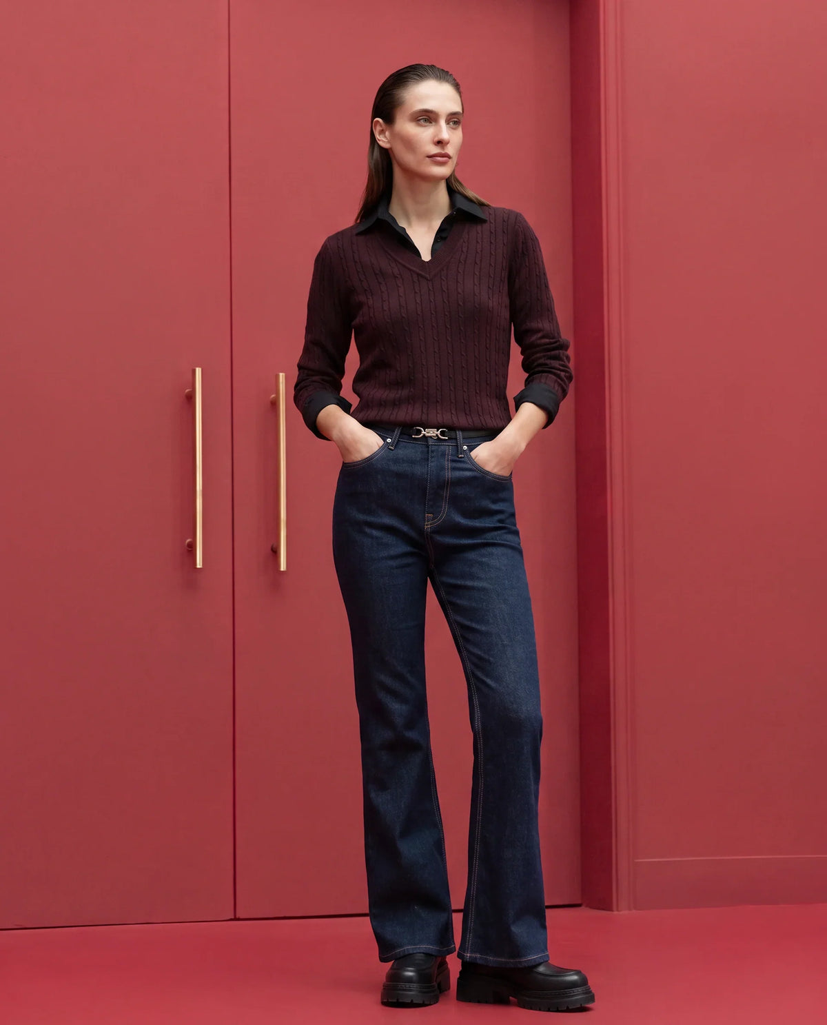 Rareism Women's Lizmit Dark Maroon Viscose V-Neck Relaxed Plain Sweater