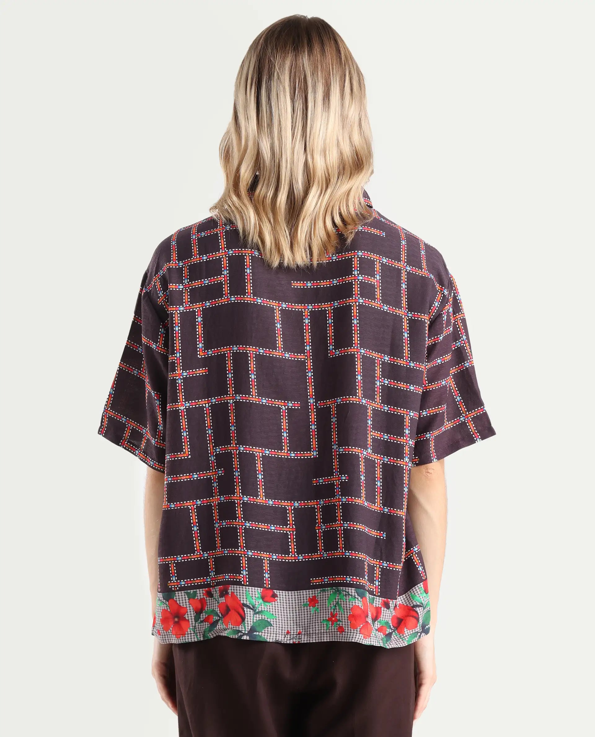 Rareism Women's Lombard Brown Viscose Blend Spread Collar Geometric Print Boxy Fit Shirt