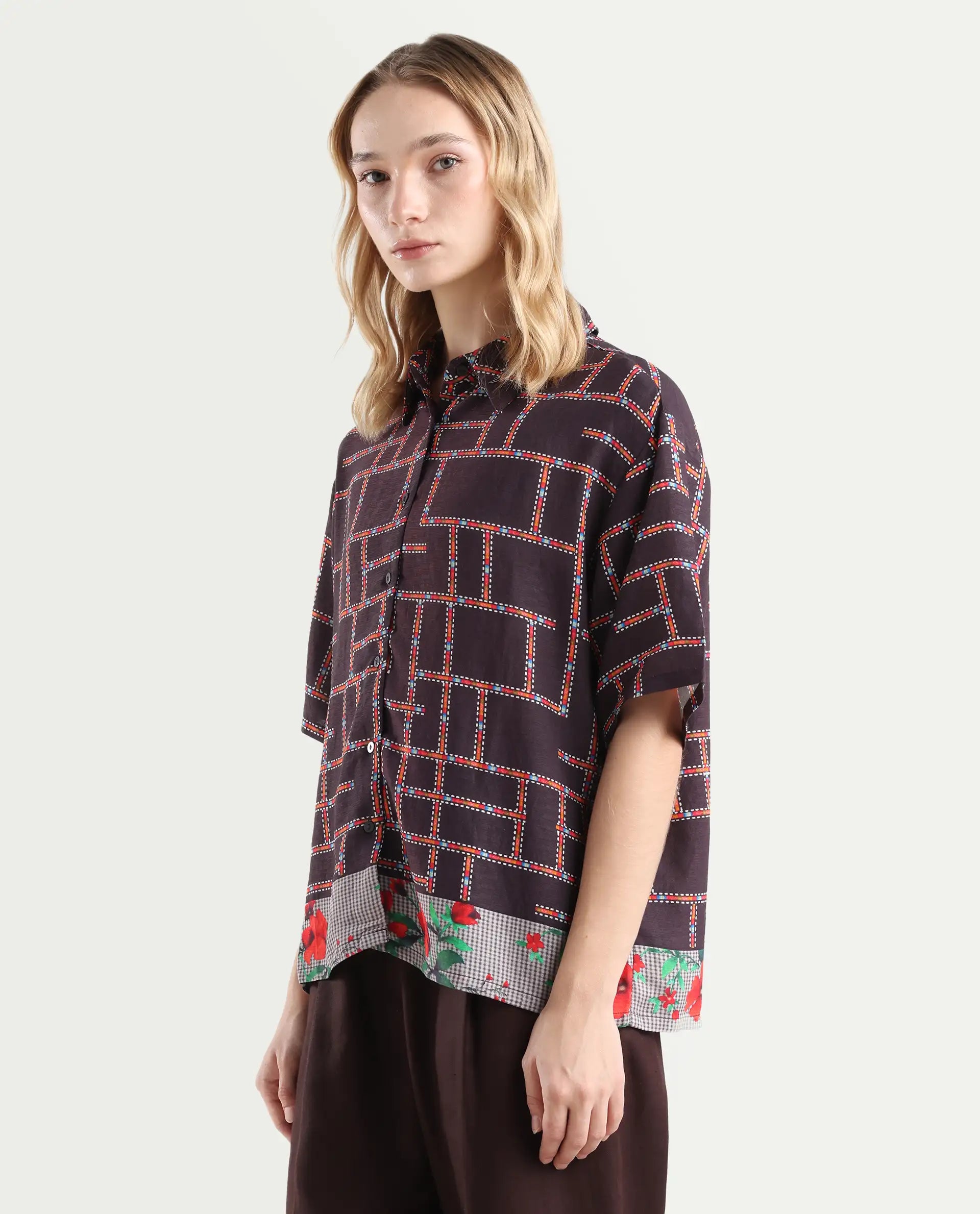 Rareism Women's Lombard Brown Viscose Blend Spread Collar Geometric Print Boxy Fit Shirt