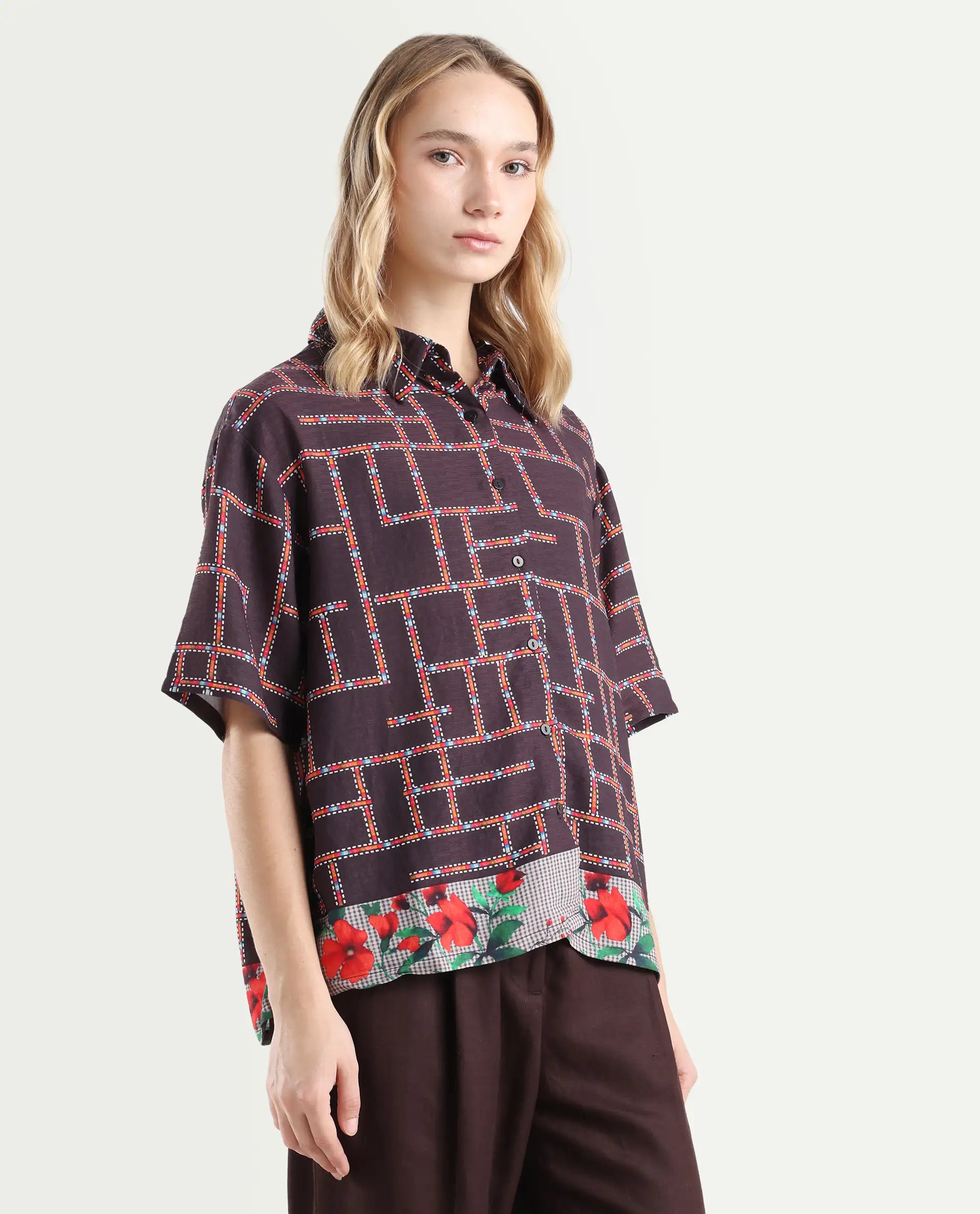 Rareism Women's Lombard Brown Viscose Blend Spread Collar Geometric Print Boxy Fit Shirt