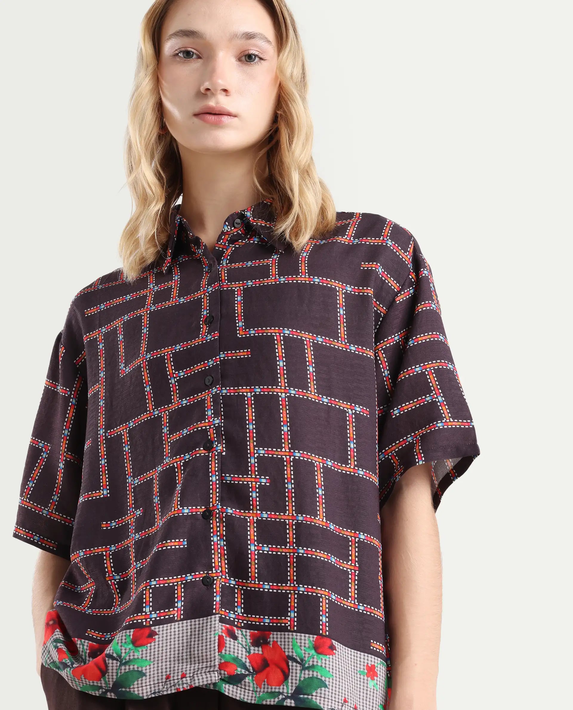 Rareism Women's Lombard Brown Viscose Blend Spread Collar Geometric Print Boxy Fit Shirt