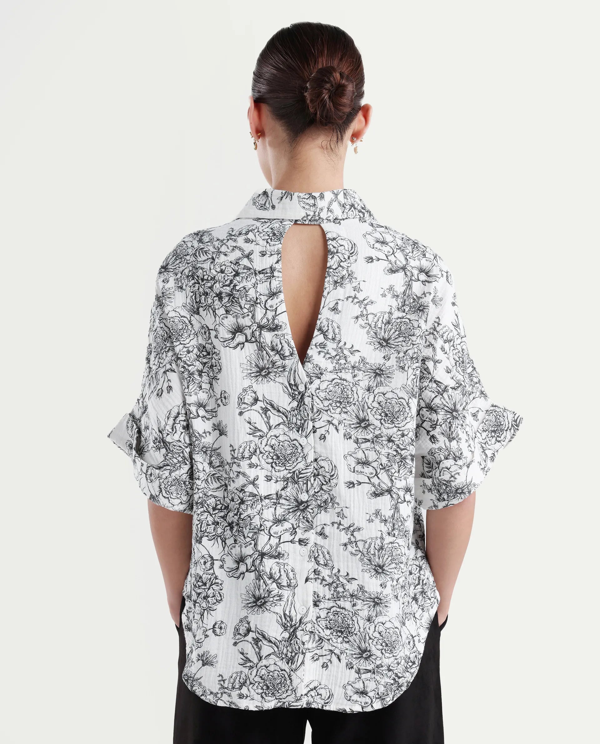 Rareism Women's Loraine Off White Cotton Drop Collar Floral Print Extended Sleeves Regular Fit Top