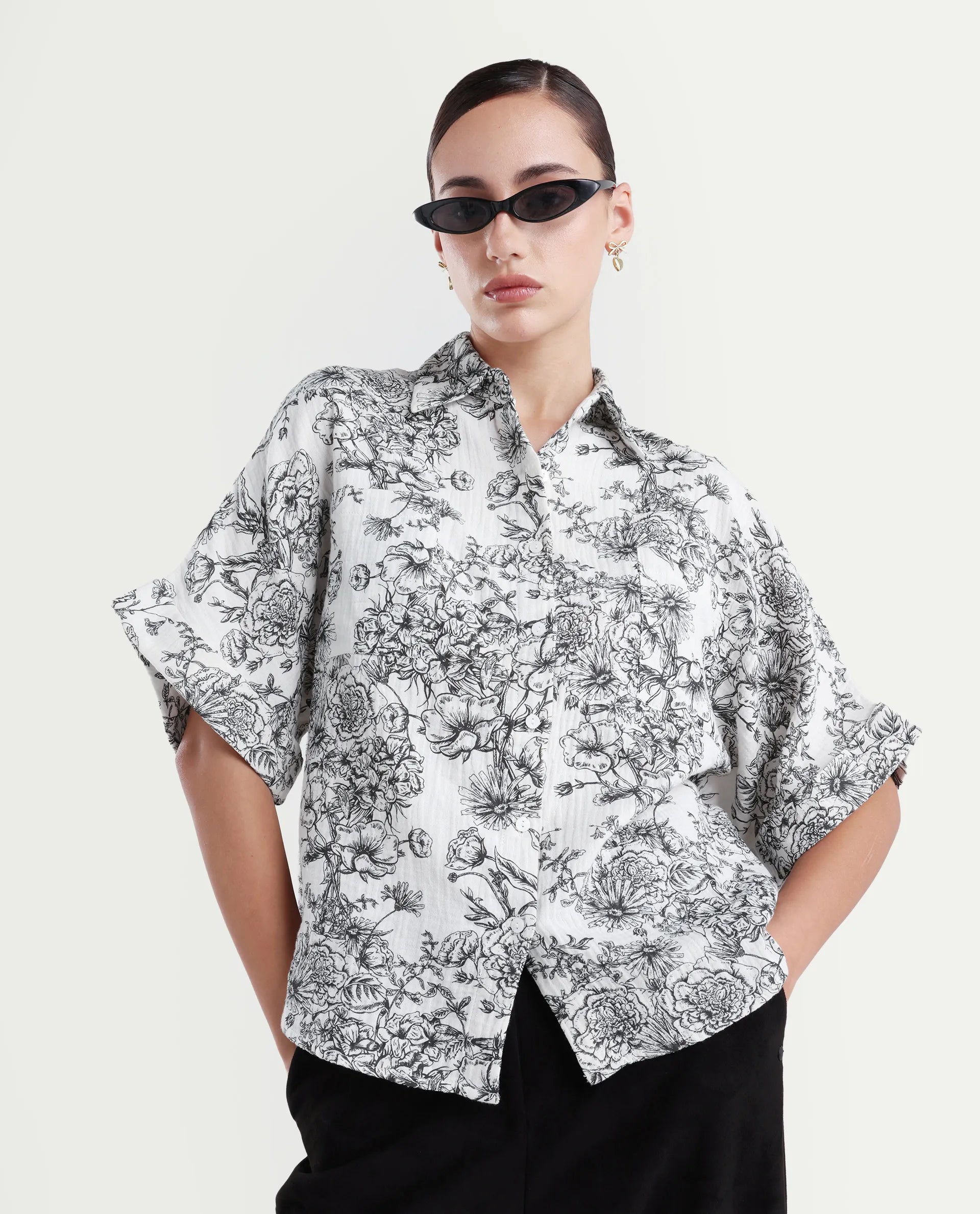 Rareism Women's Loraine Off White Cotton Drop Collar Floral Print Extended Sleeves Regular Fit Top