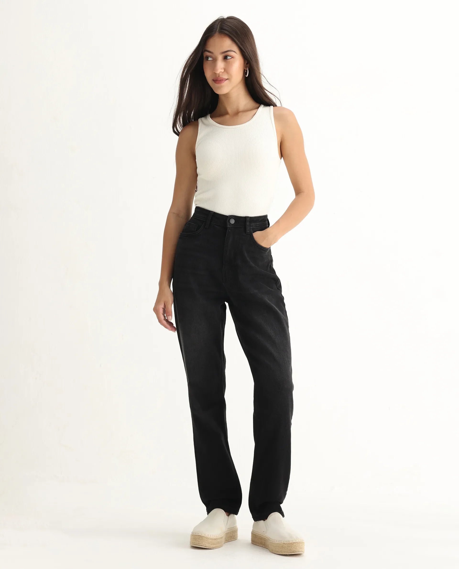 Rareism Women's Loreto Black Cotton Blend Plain Ankle Length Mom Fit Jeans