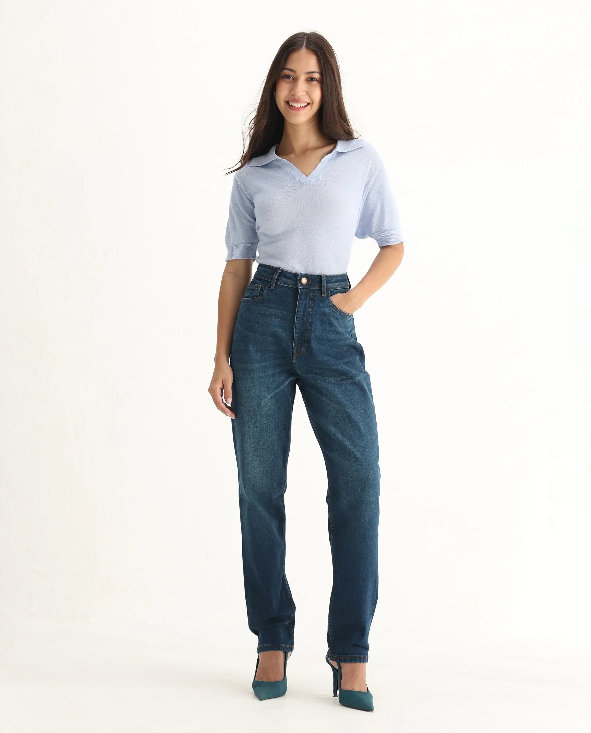 Rareism Women's Loreto Blue Cotton Blend Plain Ankle Length Mom Fit Jeans