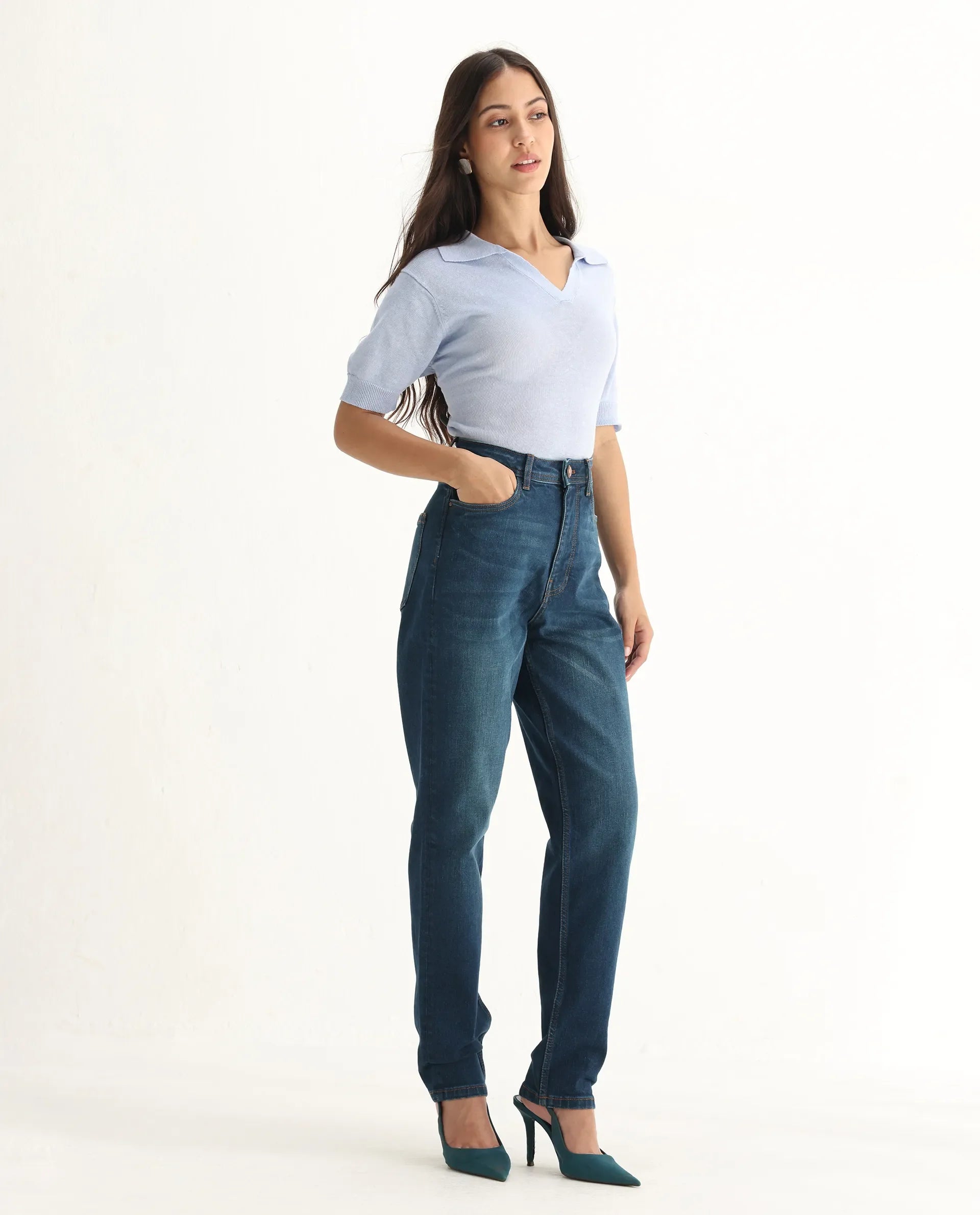 Rareism Women's Loreto Blue Cotton Blend Plain Ankle Length Mom Fit Jeans