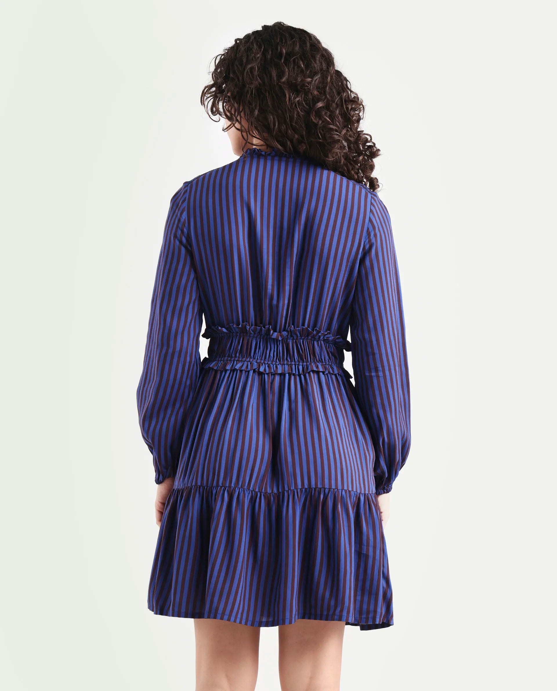 Rareism Women's Loretta Blue Viscose Mandarin Collar Striped Mini Regular Fit Dress