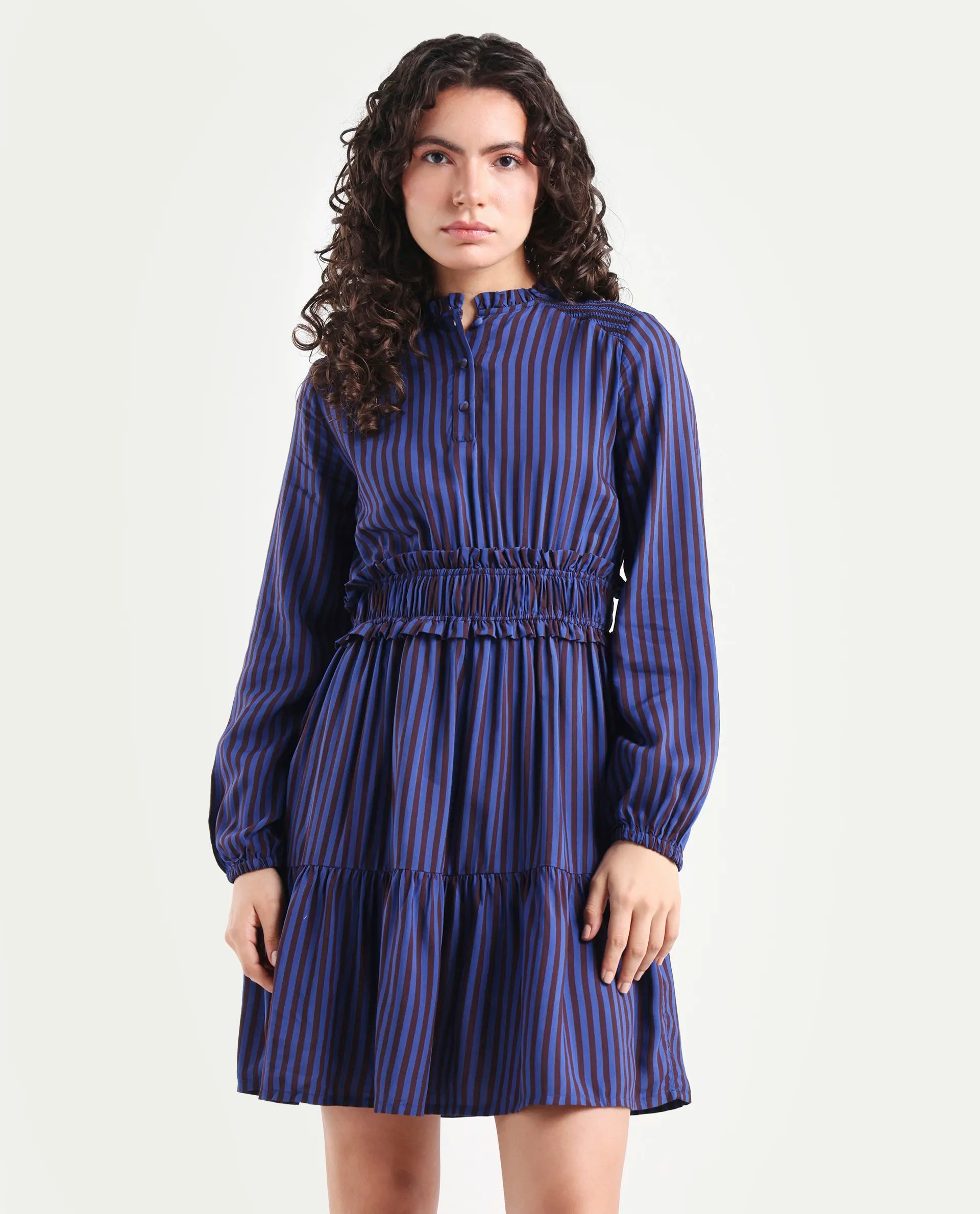 Rareism Women's Loretta Blue Viscose Mandarin Collar Striped Mini Regular Fit Dress