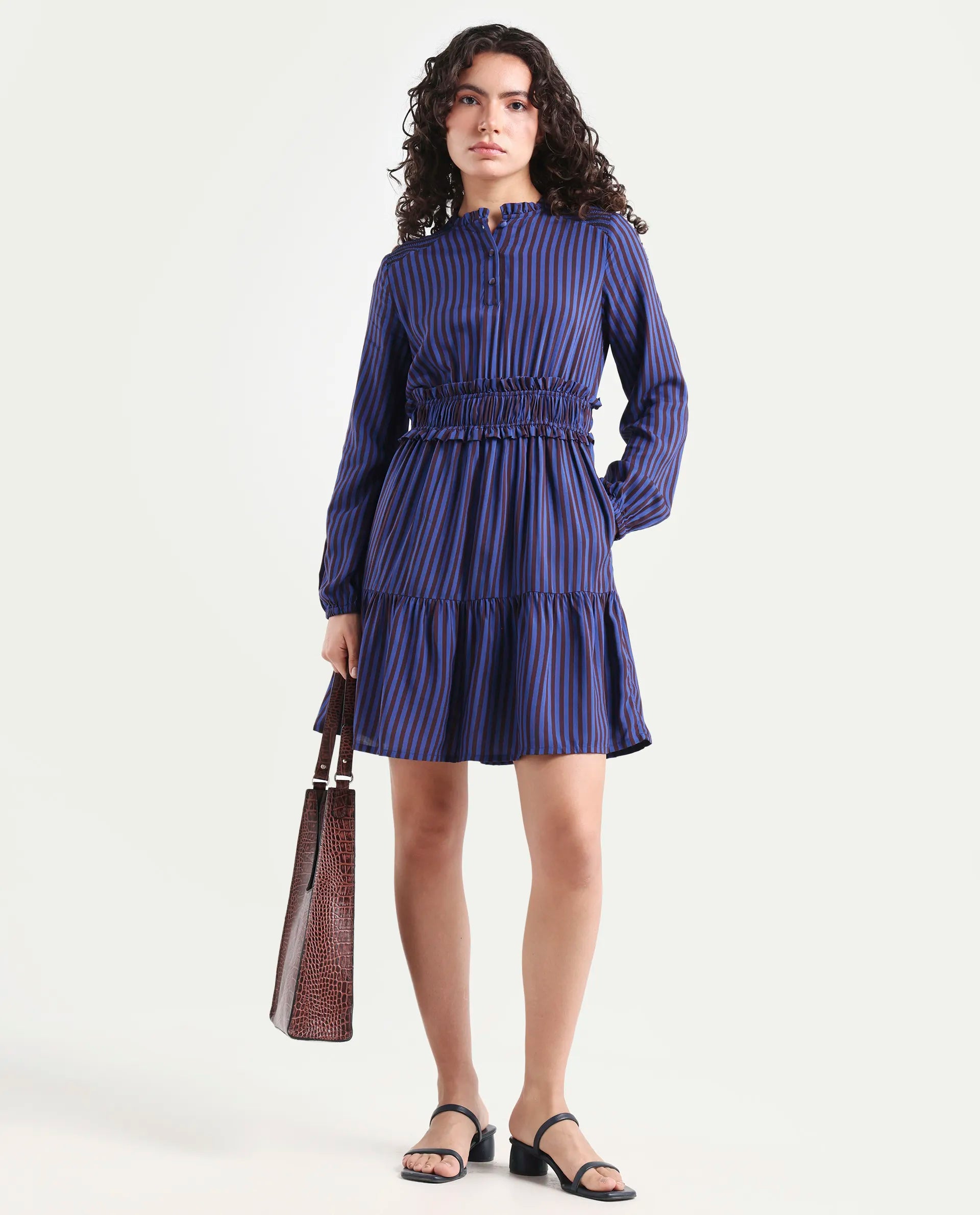 Rareism Women's Loretta Blue Viscose Mandarin Collar Striped Mini Regular Fit Dress