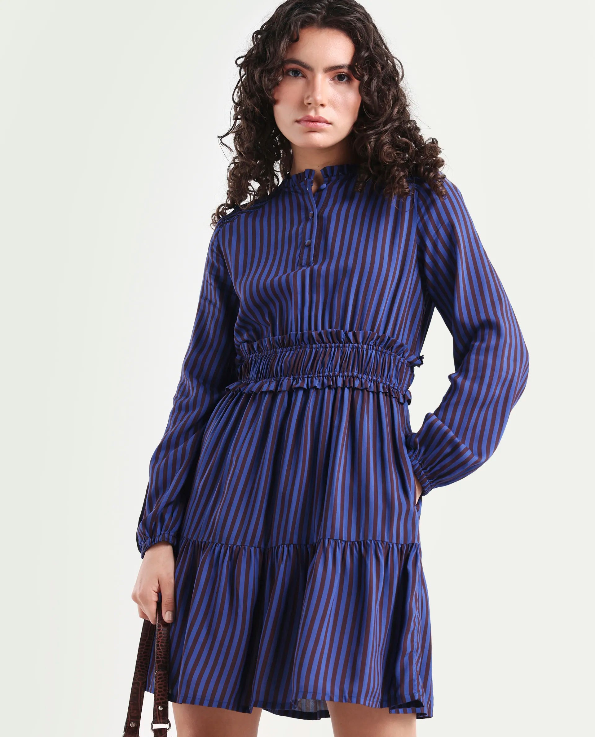 Rareism Women's Loretta Blue Viscose Mandarin Collar Striped Mini Regular Fit Dress