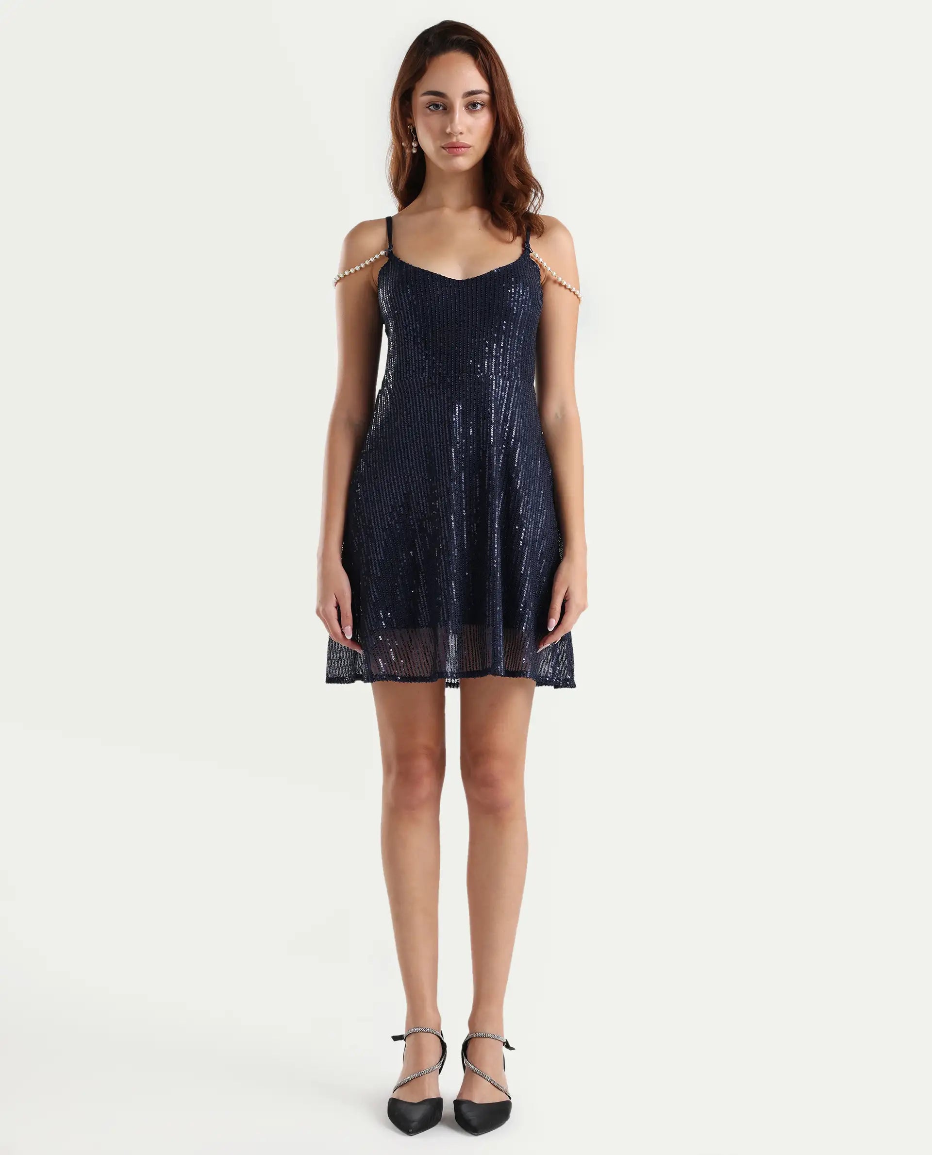 Rareism Women's Lovez Blue Nylon Shoulder Strap Sequined Shoulder Strap Knee Length Regular Fit Dress