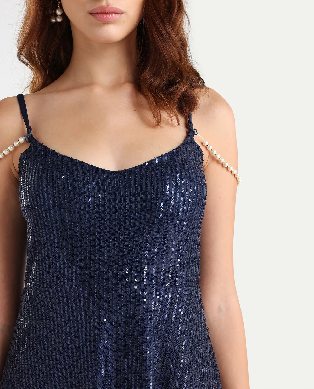 Rareism Women's Lovez Blue Nylon Shoulder Strap Sequined Shoulder Strap Knee Length Regular Fit Dress