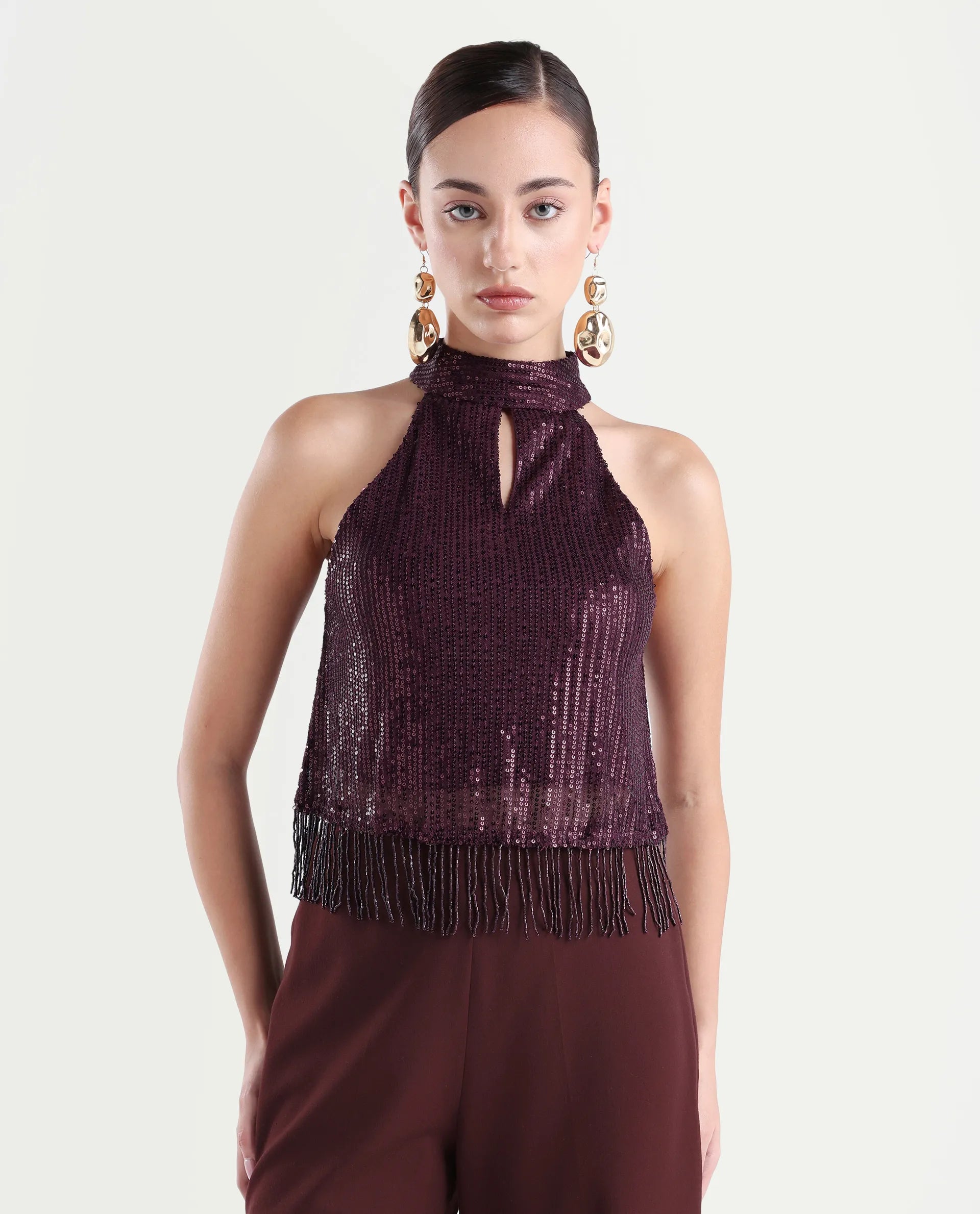 Rareism Women's Lovia Maroon Nylon Halter Neck Sequined Sleeveless Regular Fit Top