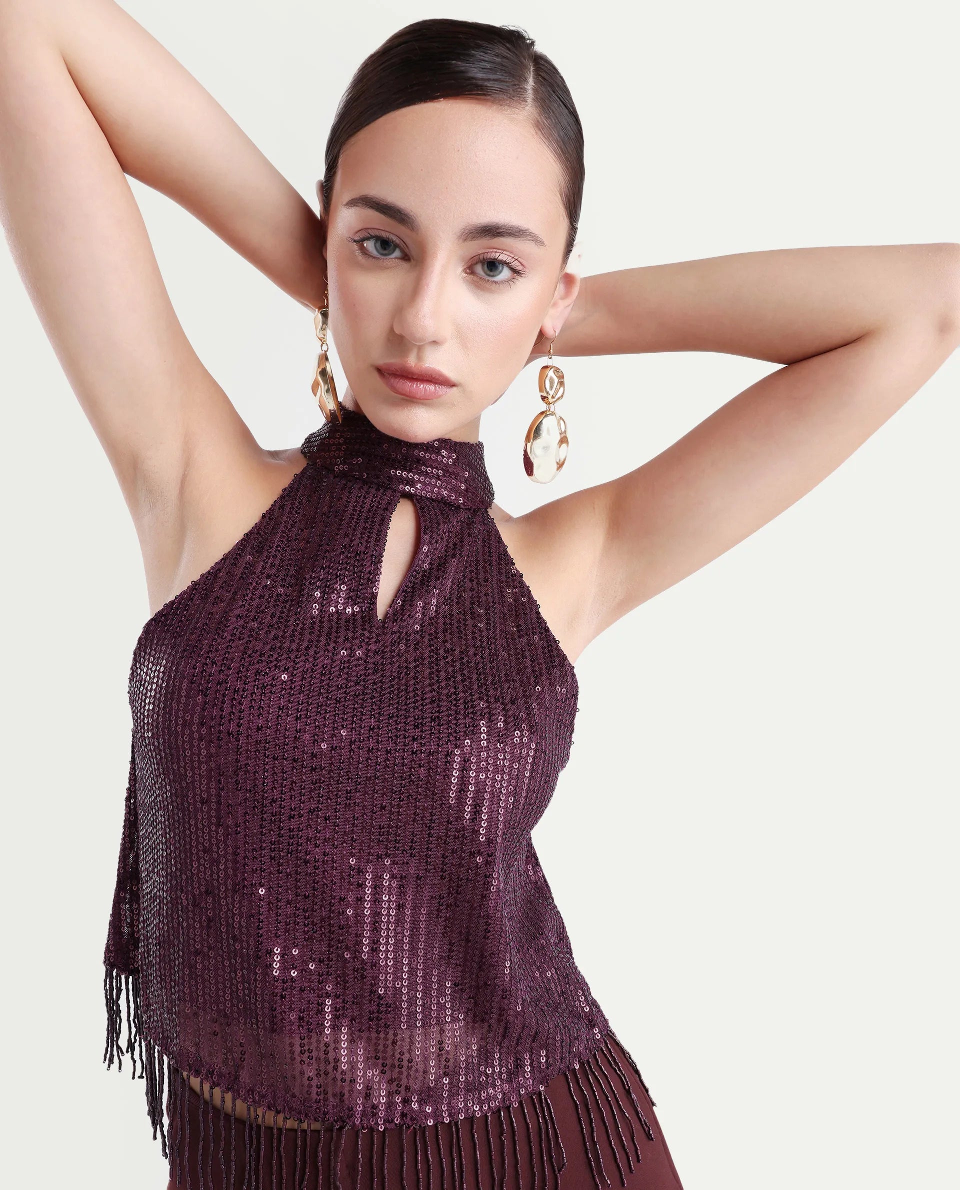 Rareism Women's Lovia Maroon Nylon Halter Neck Sequined Sleeveless Regular Fit Top