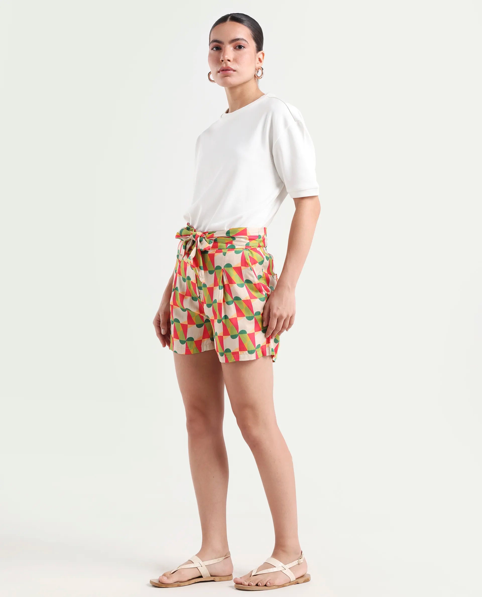 Rareism Women's Lucca Multi Cotton Blend Geometric Print Mini Regular Fit Shorts