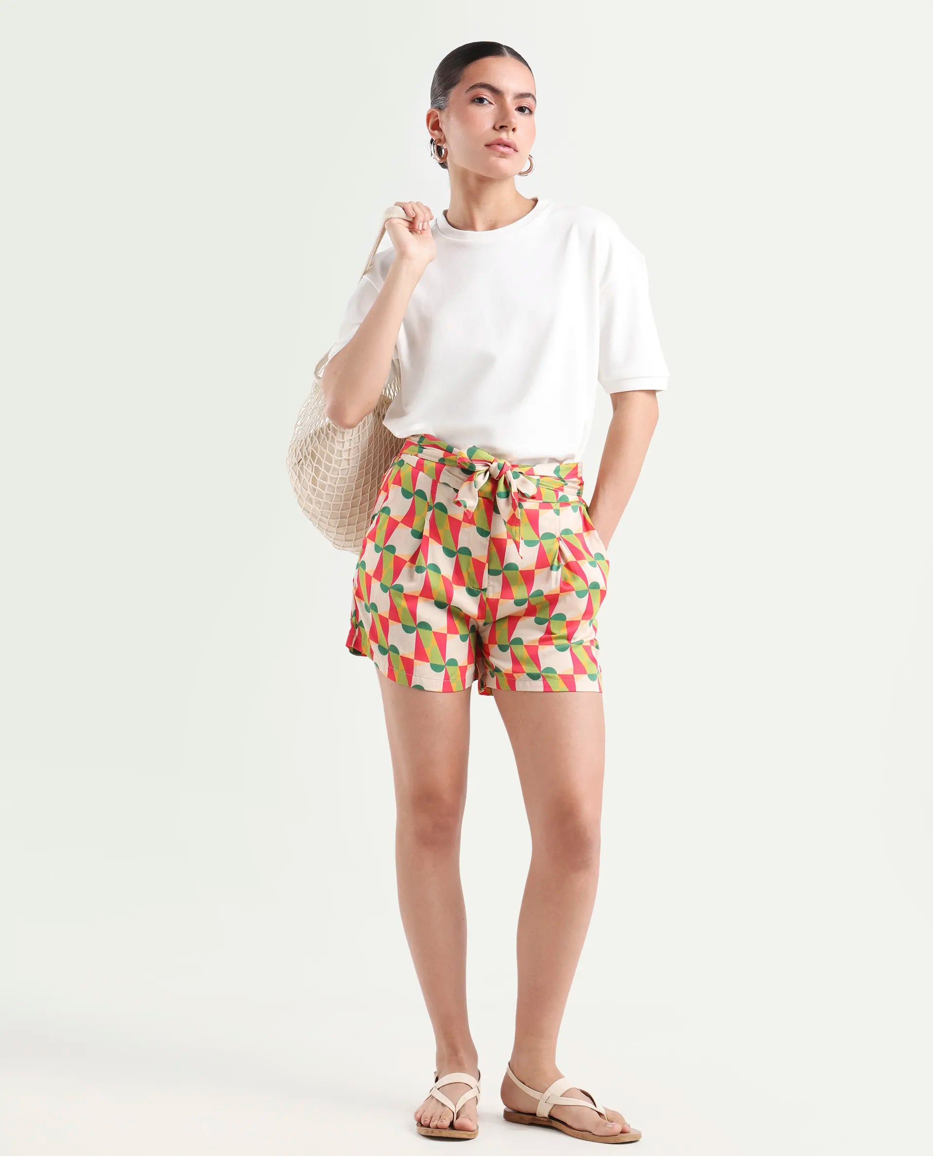 Rareism Women's Lucca Multi Cotton Blend Geometric Print Mini Regular Fit Shorts