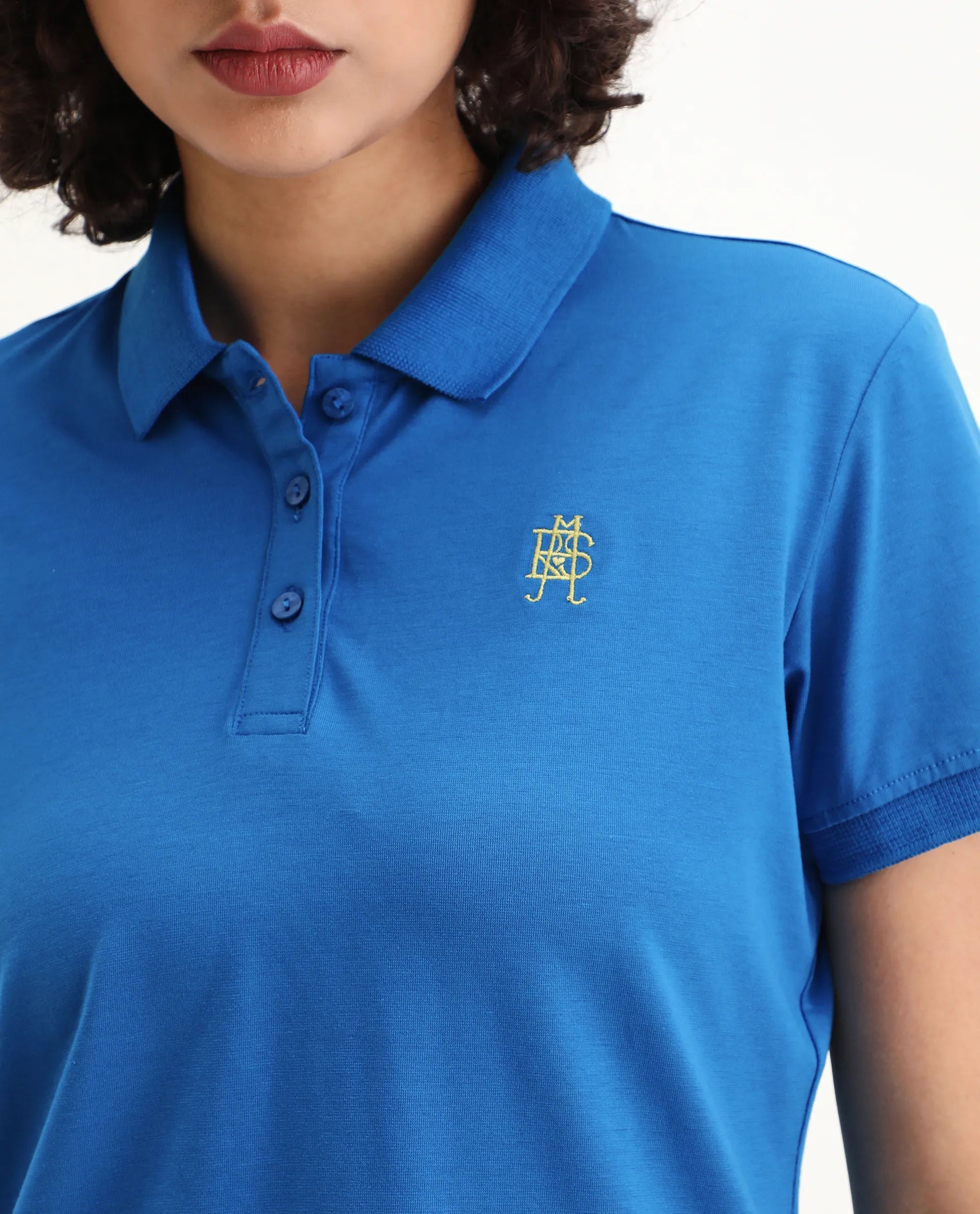 Rareism Women's Lugano Blue Cotton Blend Polo Neck Plain Regular Fit Polo