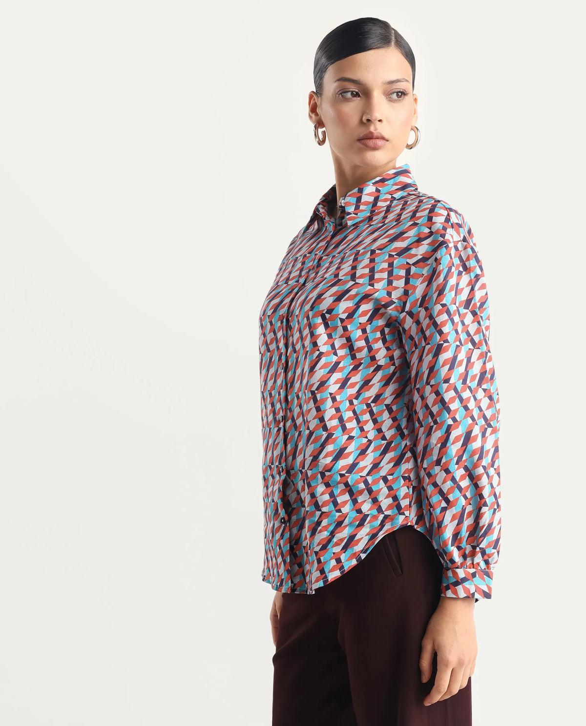 Rareism Women's Luren Dark Multi Cotton Blend Drop Collar Geometric Print Cuffed Sleeve Regular Fit Shirt