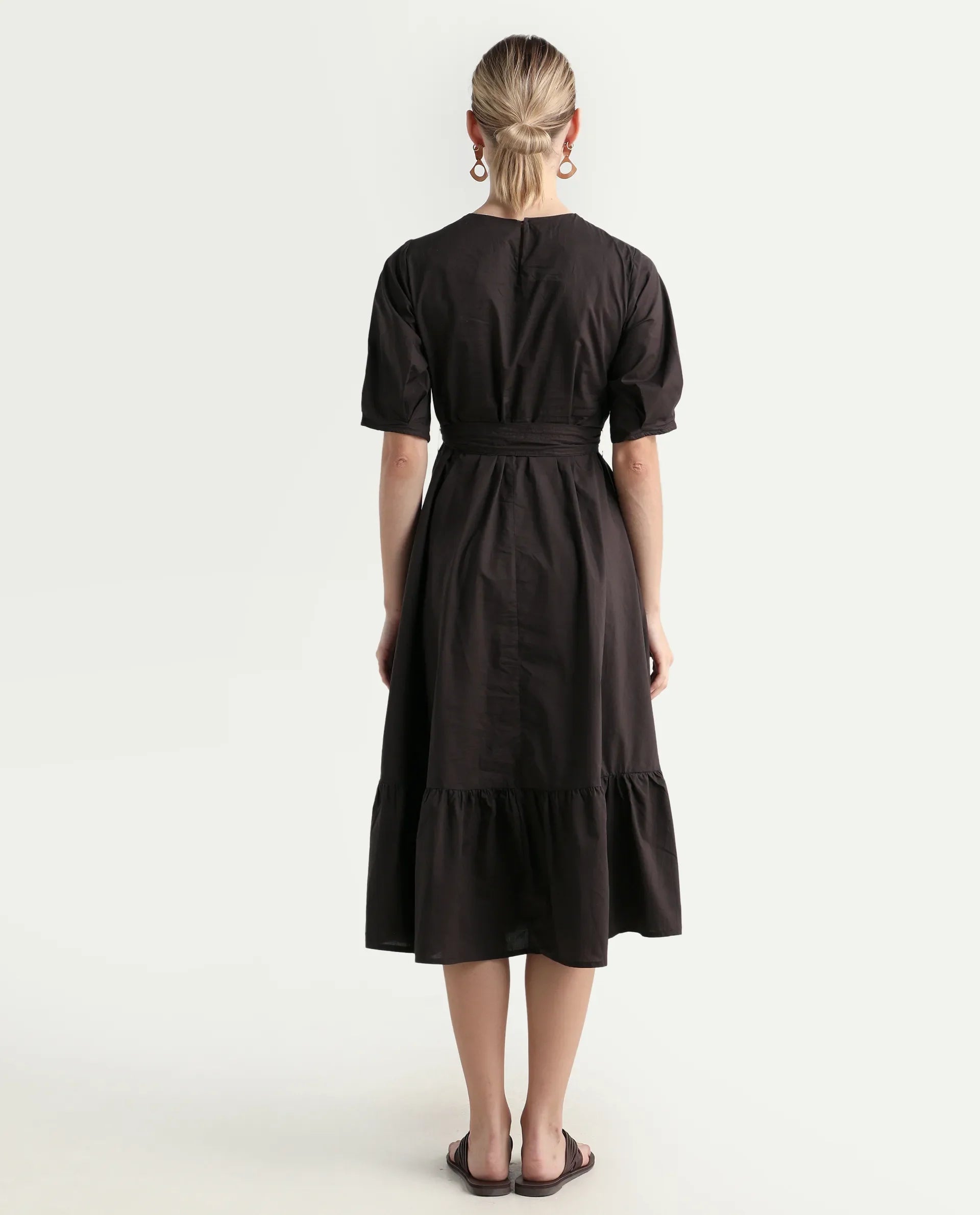 Rareism Women's Lusine Brown Crew Neck Plain Bishop Sleeve Midi Fit And Flare Dress