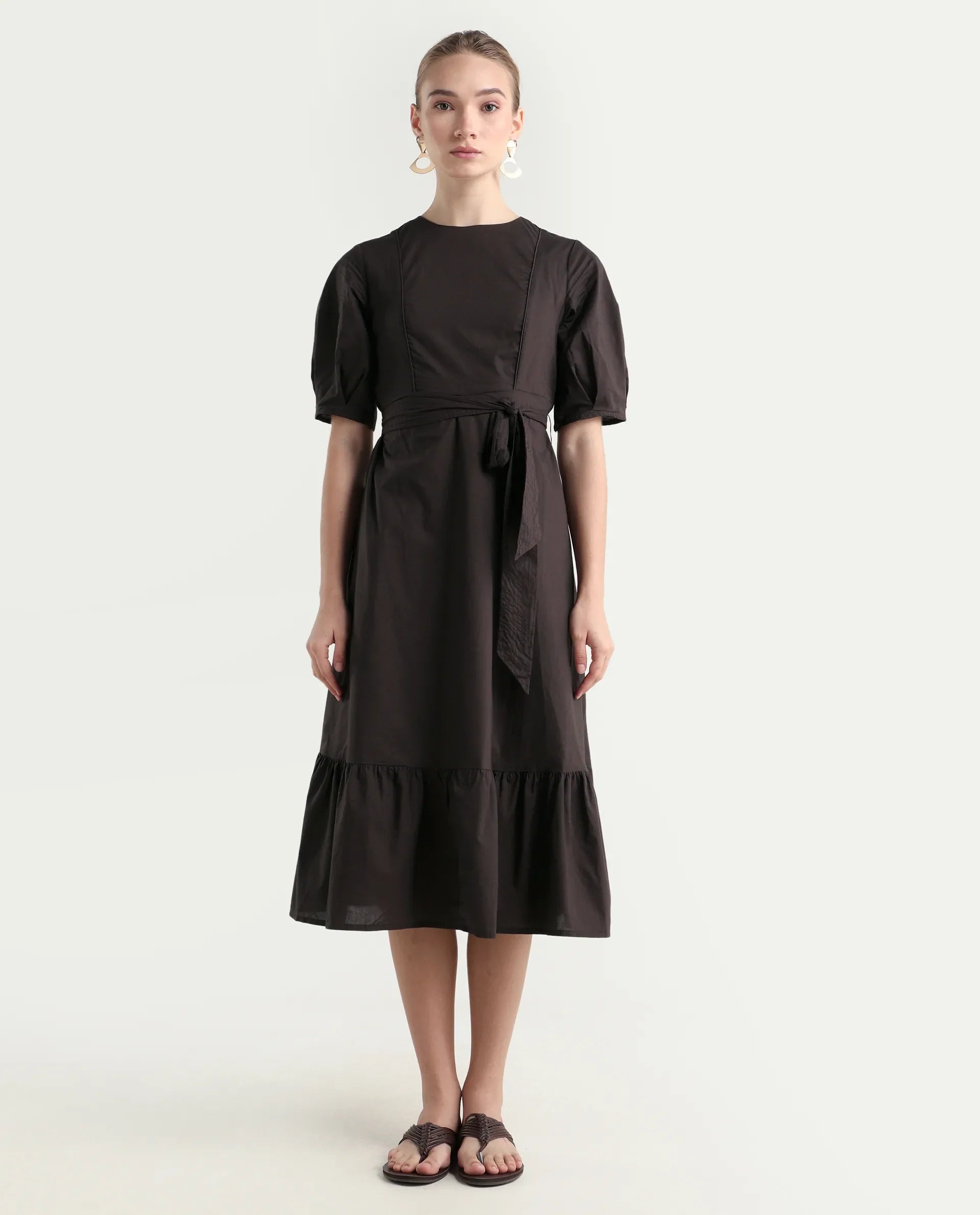 Rareism Women's Lusine Brown Crew Neck Plain Bishop Sleeve Midi Fit And Flare Dress