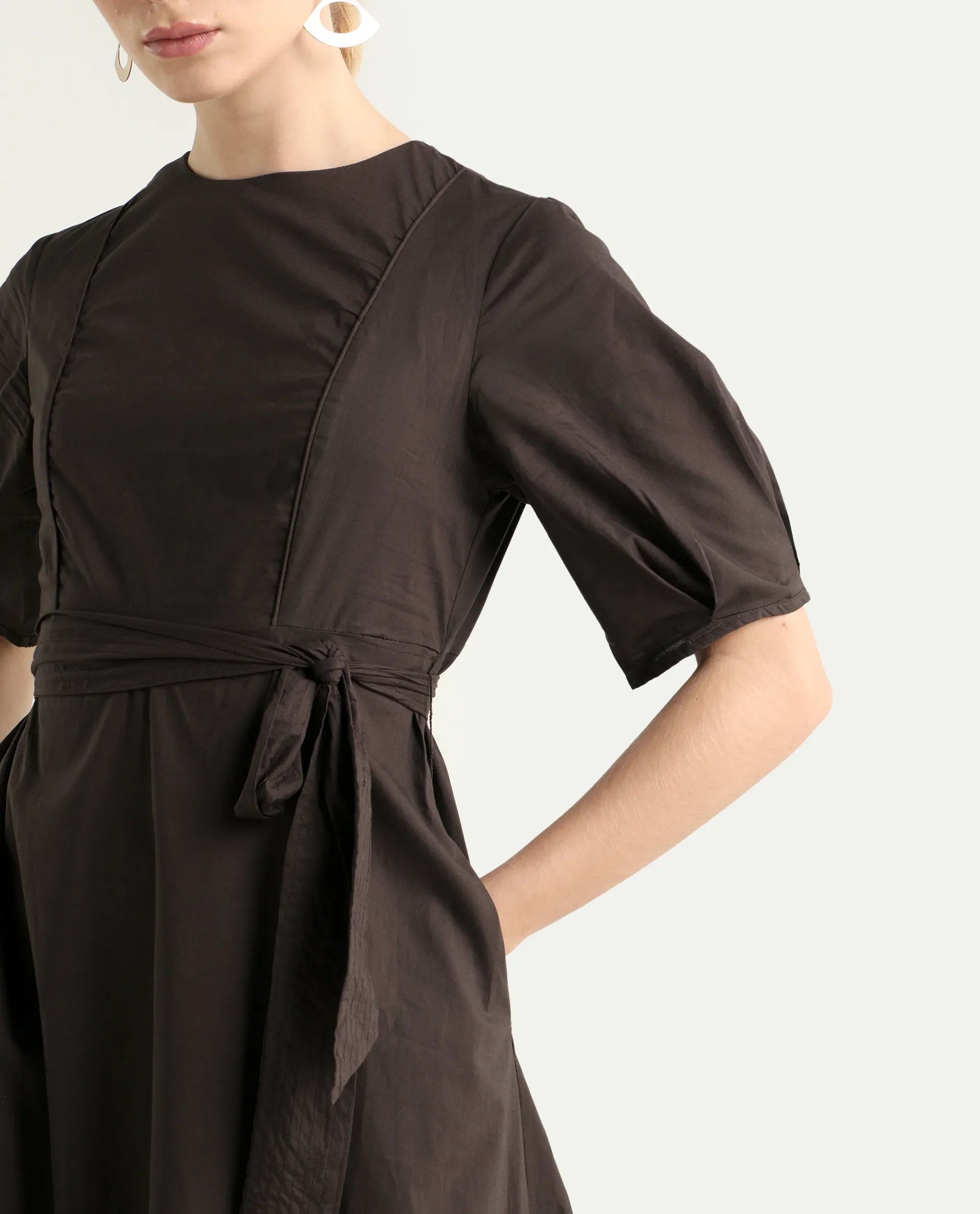 Rareism Women's Lusine Brown Crew Neck Plain Bishop Sleeve Midi Fit And Flare Dress