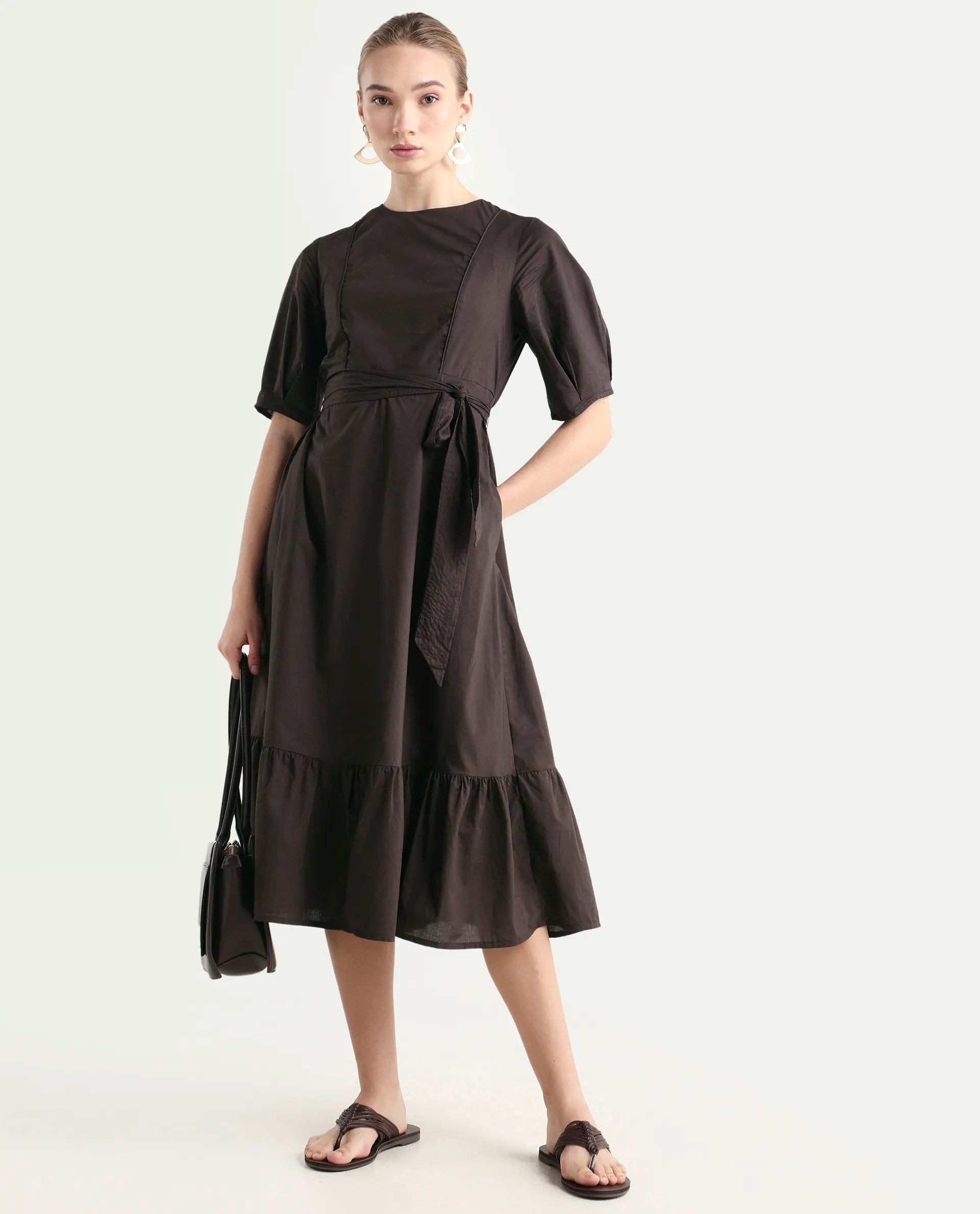 Rareism Women's Lusine Brown Crew Neck Plain Bishop Sleeve Midi Fit And Flare Dress