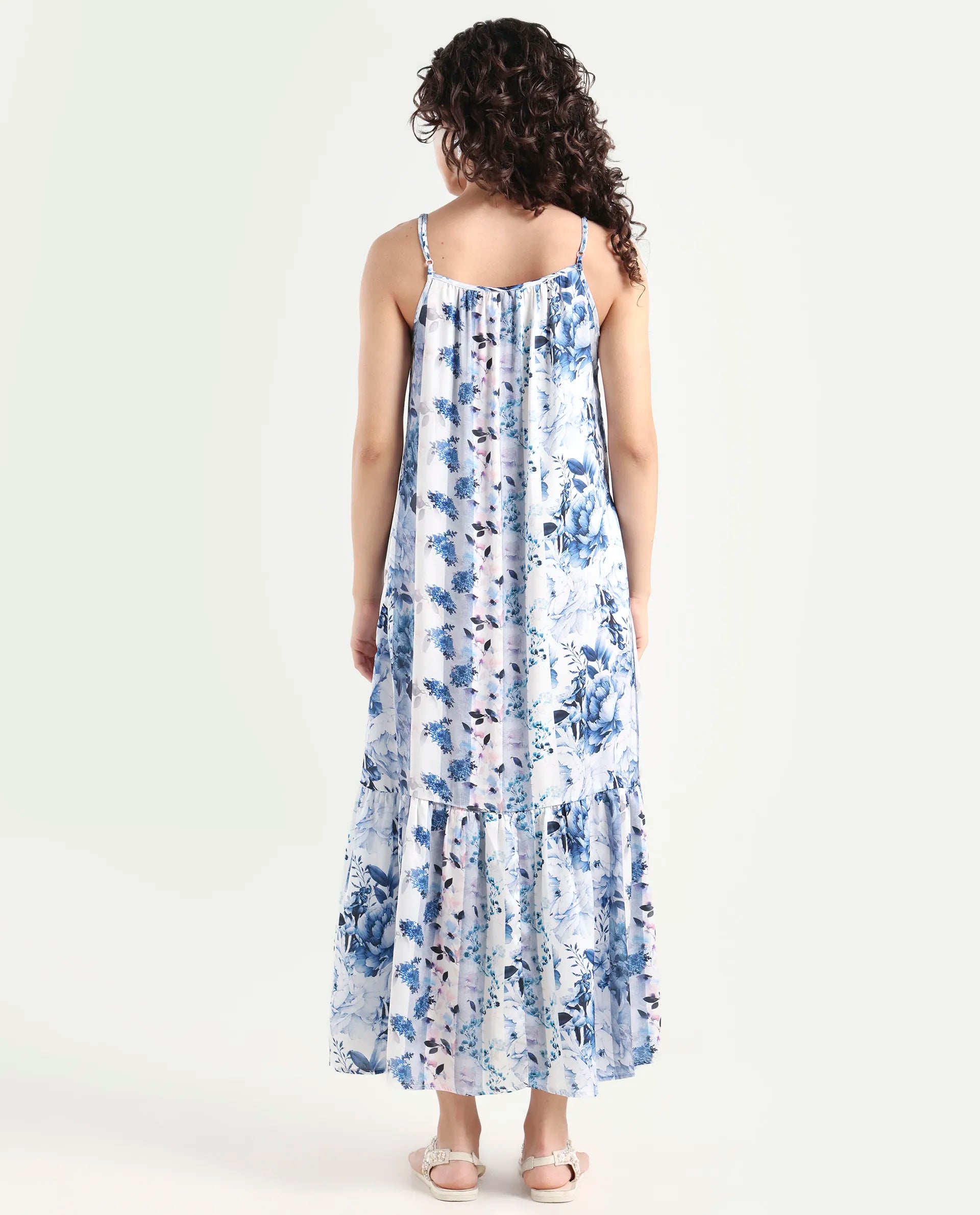 Rareism Women's Macy Blue Polyester Shoulder Strap Floral Print Shoulder Strap Maxi Regular Fit Dress