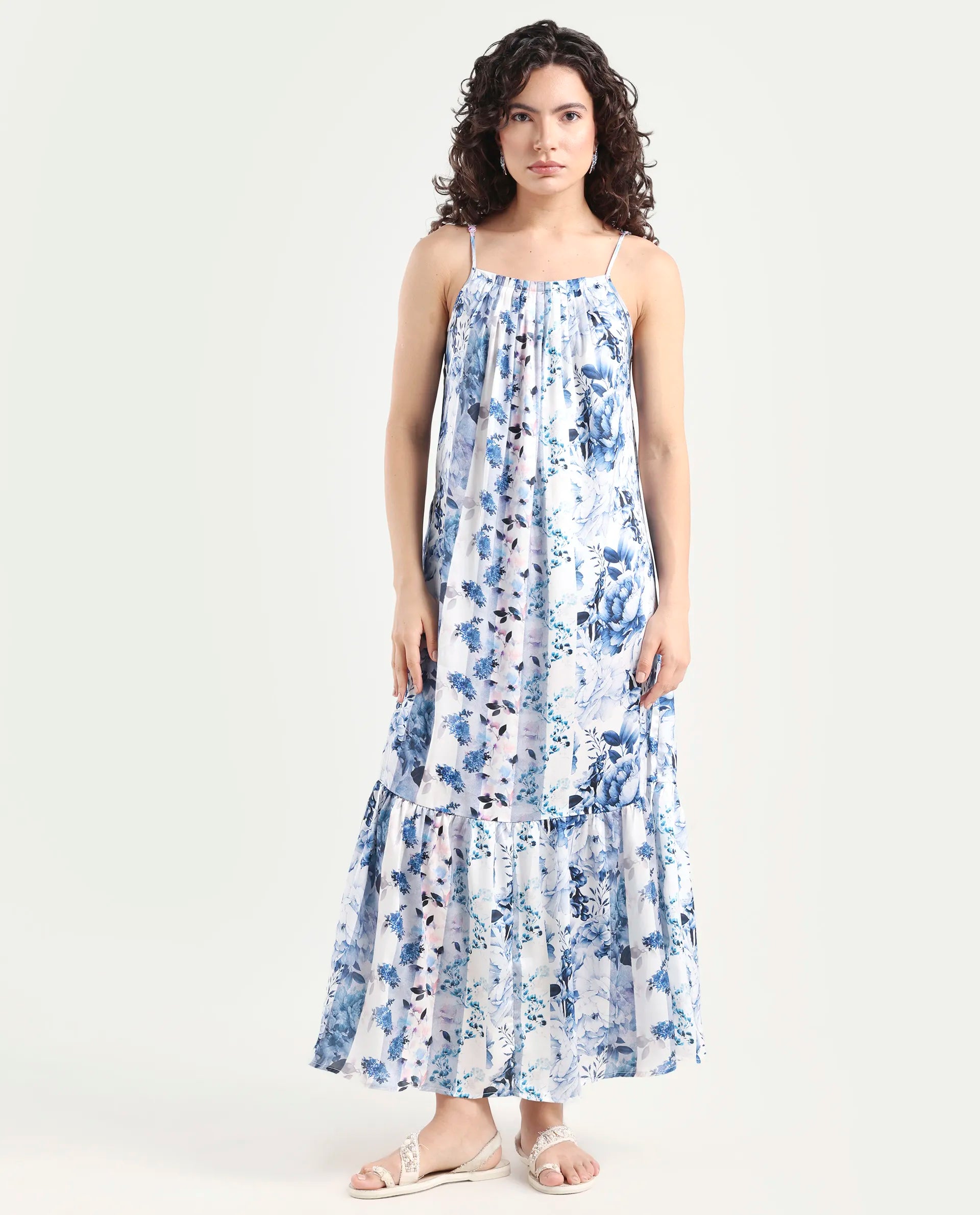 Rareism Women's Macy Blue Polyester Shoulder Strap Floral Print Shoulder Strap Maxi Regular Fit Dress